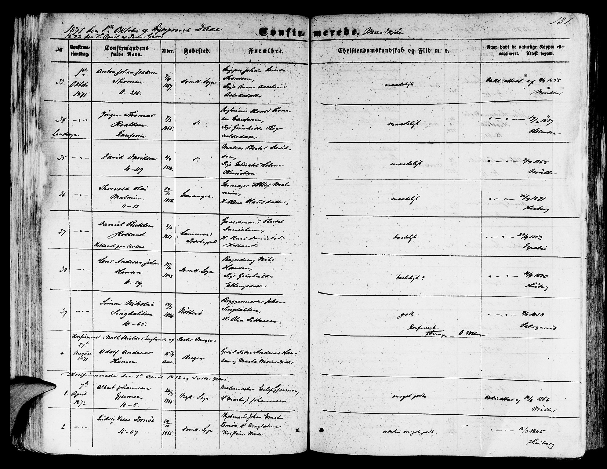 Domkirken sokneprestembete, SAB/A-74801/H/Hab/L0023: Parish register (copy) no. C 3, 1854-1880, p. 131