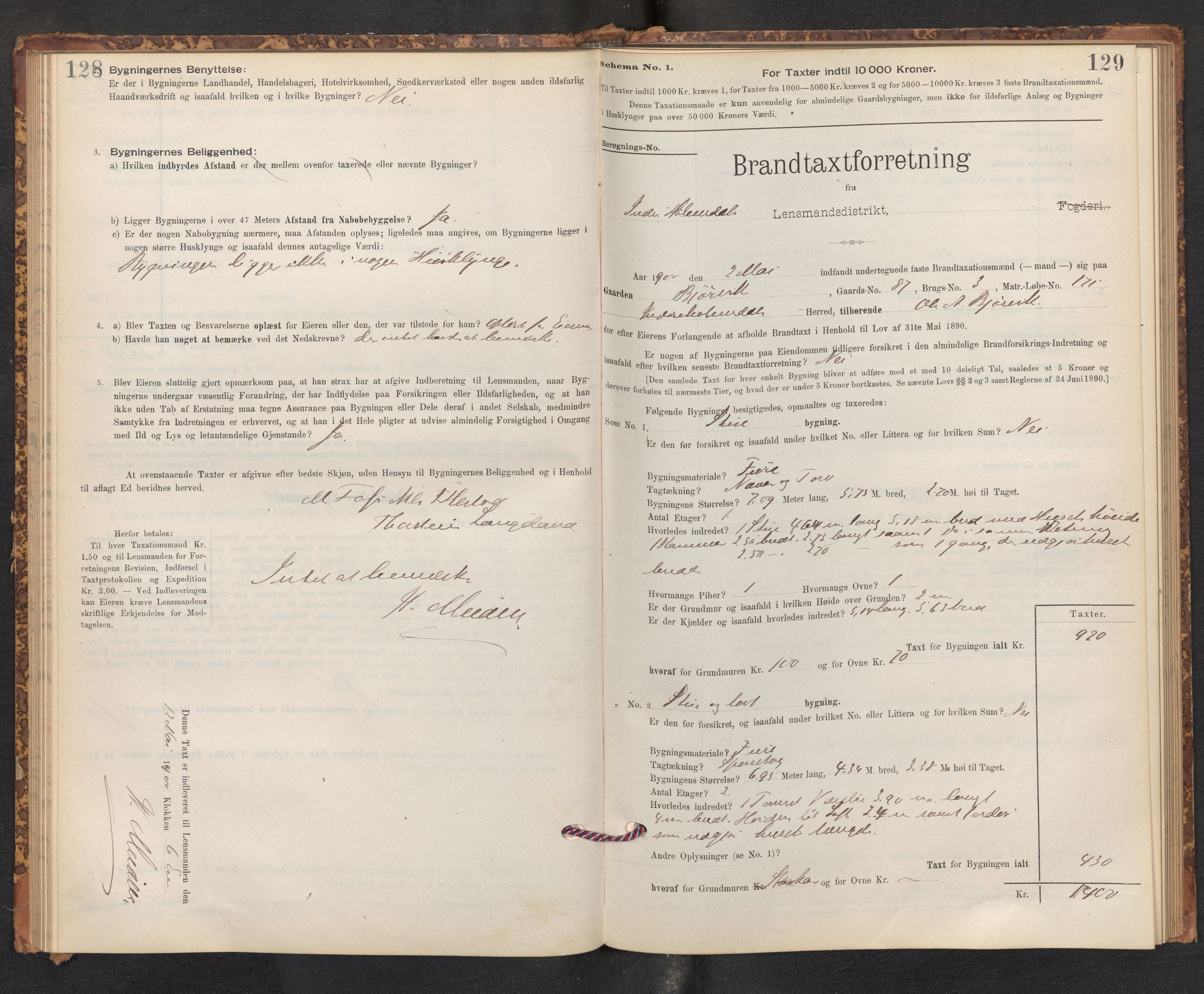 Lensmannen i Gaular, SAB/A-27601/0012/L0005: Branntakstprotokoll, skjematakst, 1895-1917, p. 128-129