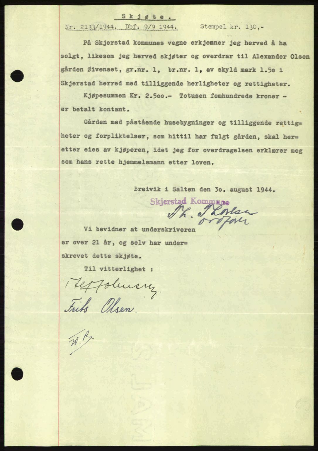 Salten sorenskriveri, AV/SAT-A-4578/1/2/2C: Mortgage book no. A14-15, 1943-1945, Diary no: : 2133/1944