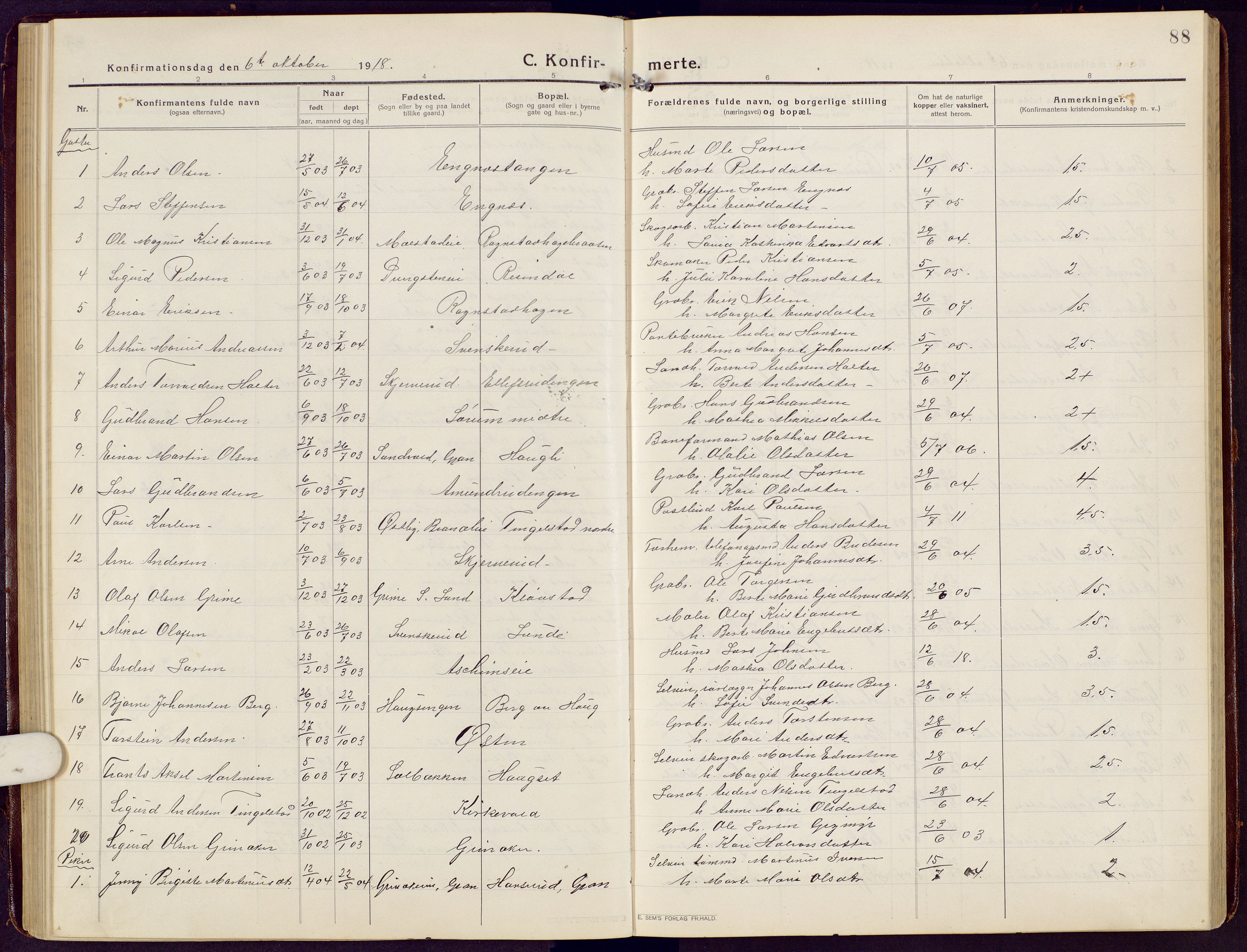Brandbu prestekontor, SAH/PREST-114/H/Ha/Hab/L0010: Parish register (copy) no. 10, 1916-1930, p. 88