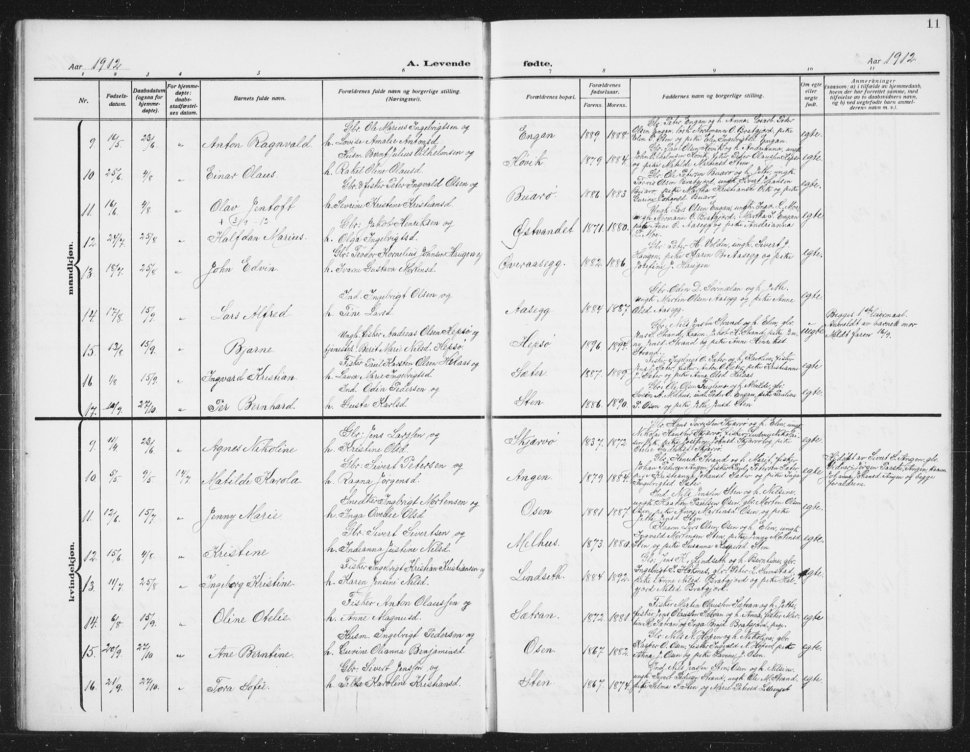 Ministerialprotokoller, klokkerbøker og fødselsregistre - Sør-Trøndelag, SAT/A-1456/658/L0727: Parish register (copy) no. 658C03, 1909-1935, p. 11