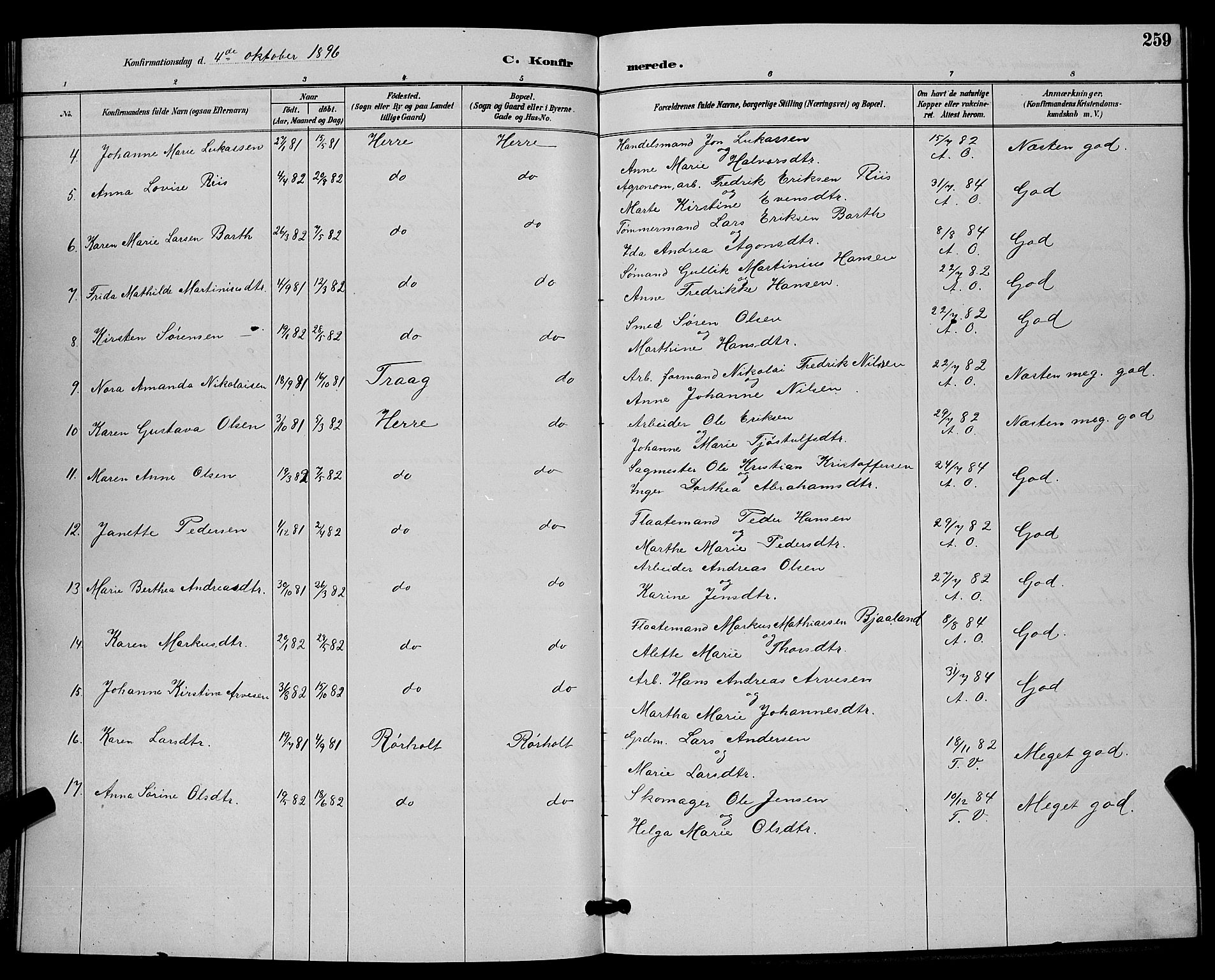Bamble kirkebøker, AV/SAKO-A-253/G/Ga/L0009: Parish register (copy) no. I 9, 1888-1900, p. 259