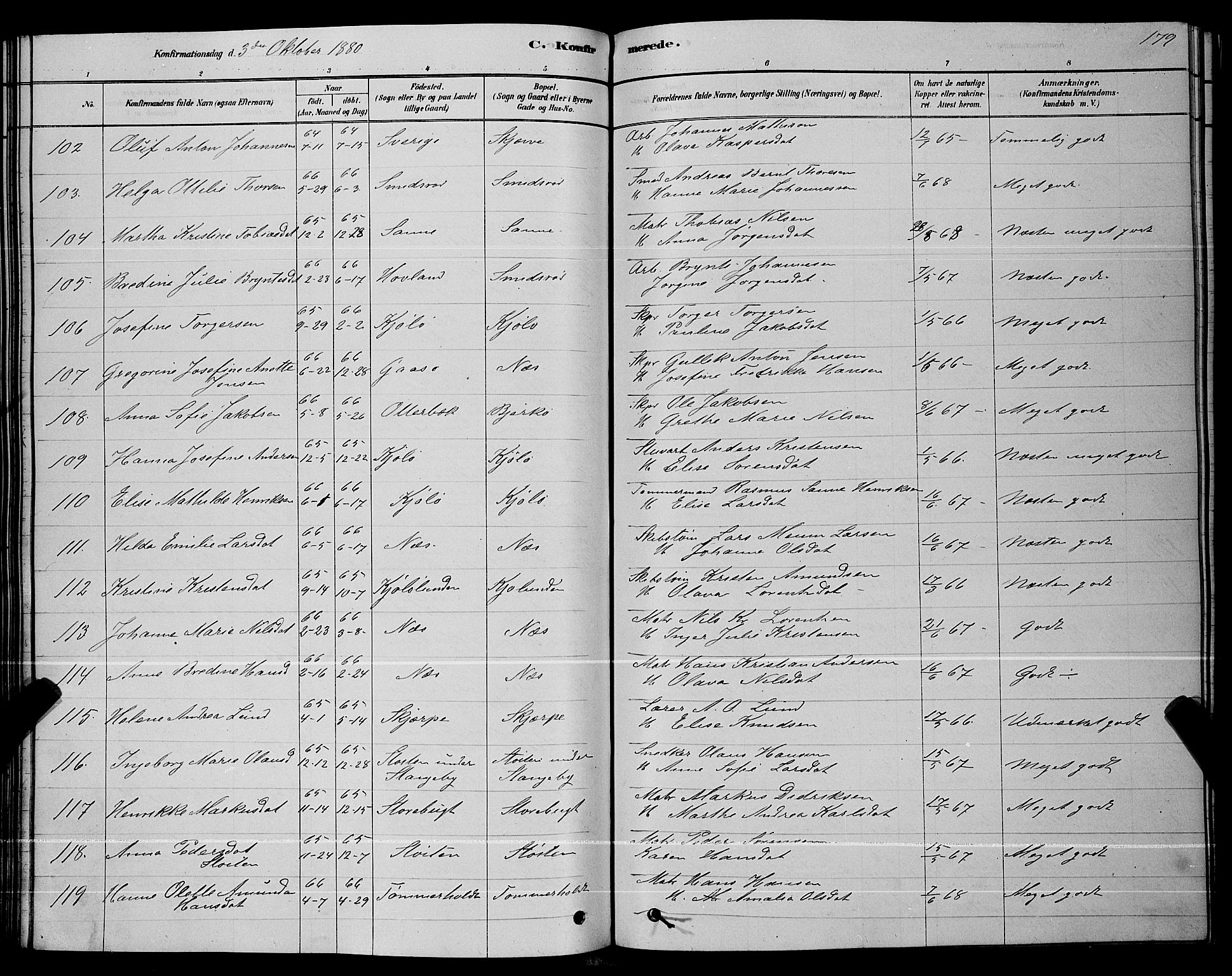 Nøtterøy kirkebøker, AV/SAKO-A-354/G/Ga/L0003: Parish register (copy) no. I 3, 1878-1893, p. 179