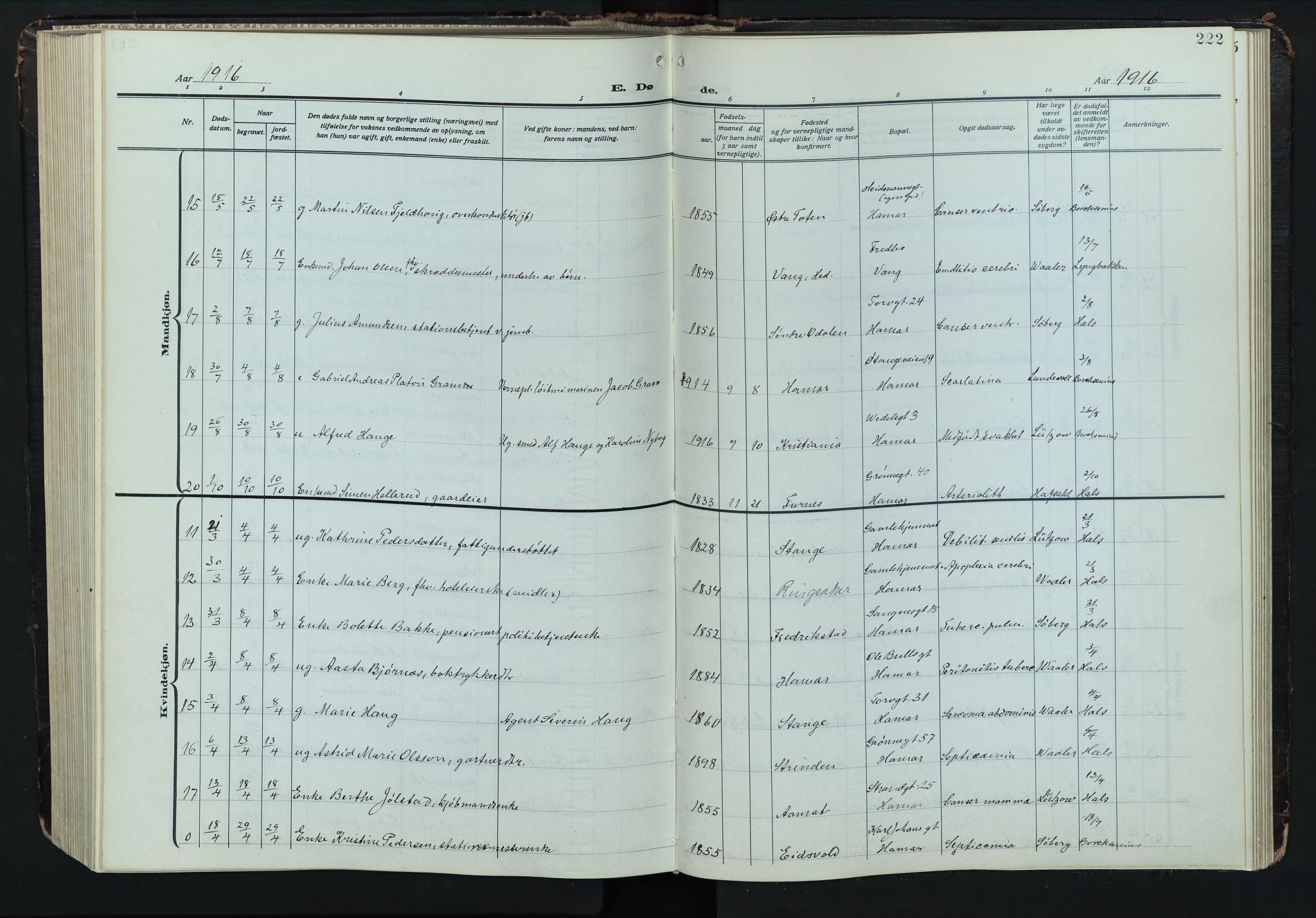 Hamar prestekontor, AV/SAH-DOMPH-002/H/Ha/Hab/L0004: Parish register (copy) no. 4, 1915-1942, p. 222