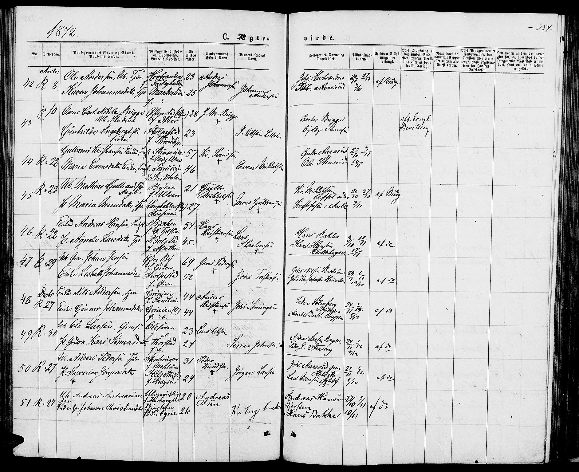 Ringsaker prestekontor, AV/SAH-PREST-014/L/La/L0008: Parish register (copy) no. 8, 1870-1878, p. 354