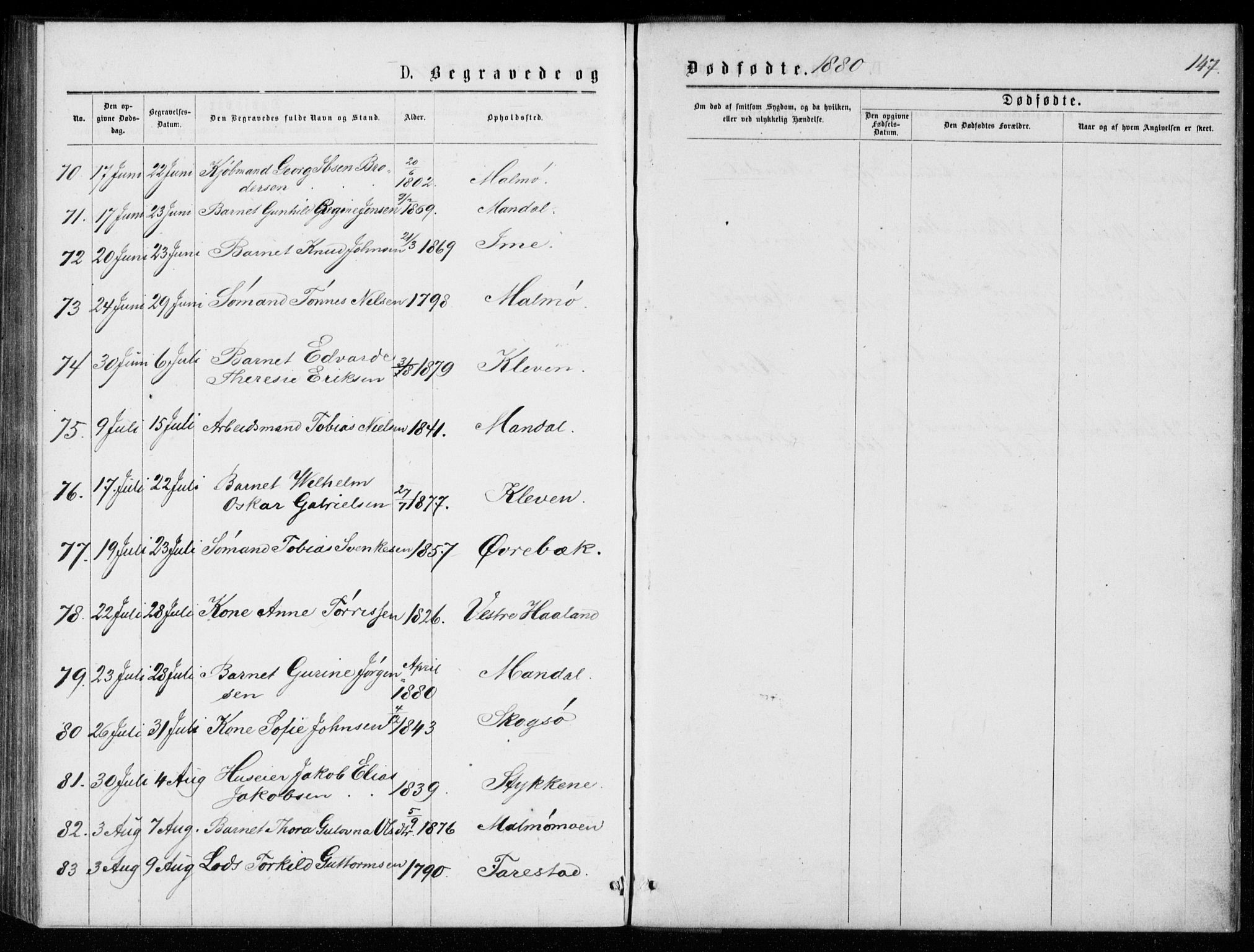 Mandal sokneprestkontor, AV/SAK-1111-0030/F/Fb/Fba/L0010: Parish register (copy) no. B 4, 1876-1880, p. 147