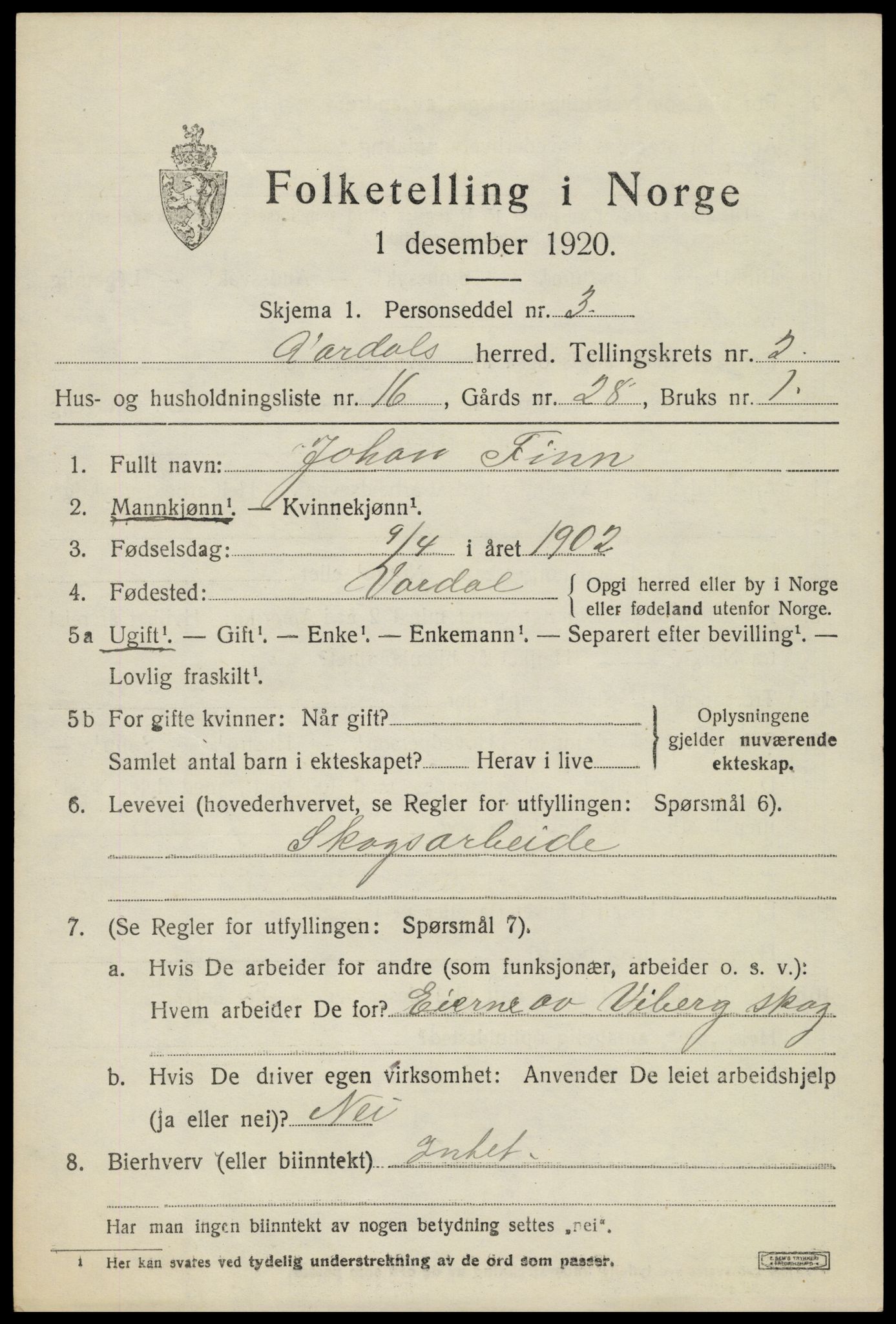 SAH, 1920 census for Vardal, 1920, p. 2641