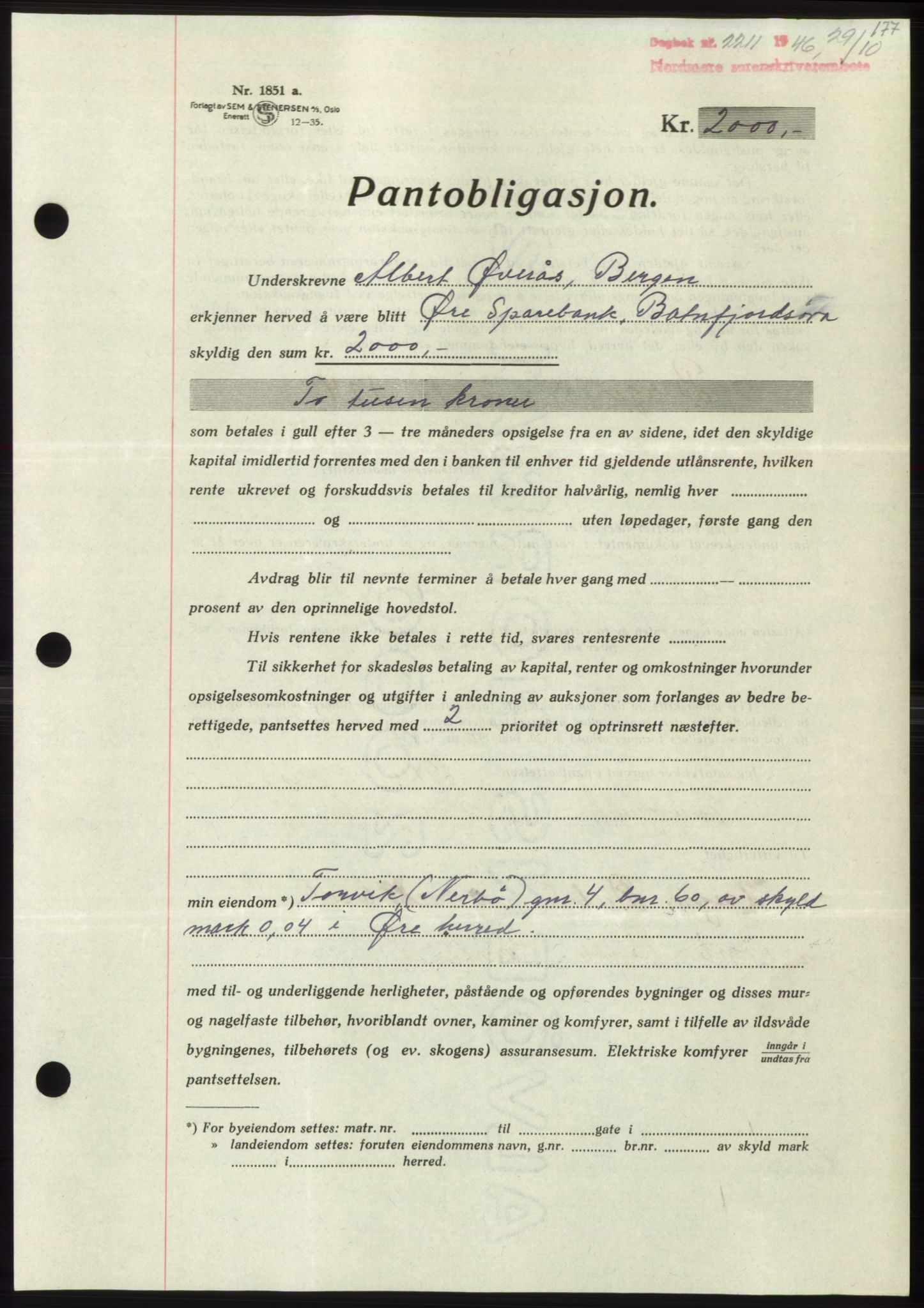 Nordmøre sorenskriveri, AV/SAT-A-4132/1/2/2Ca: Mortgage book no. B95, 1946-1947, Diary no: : 2211/1946