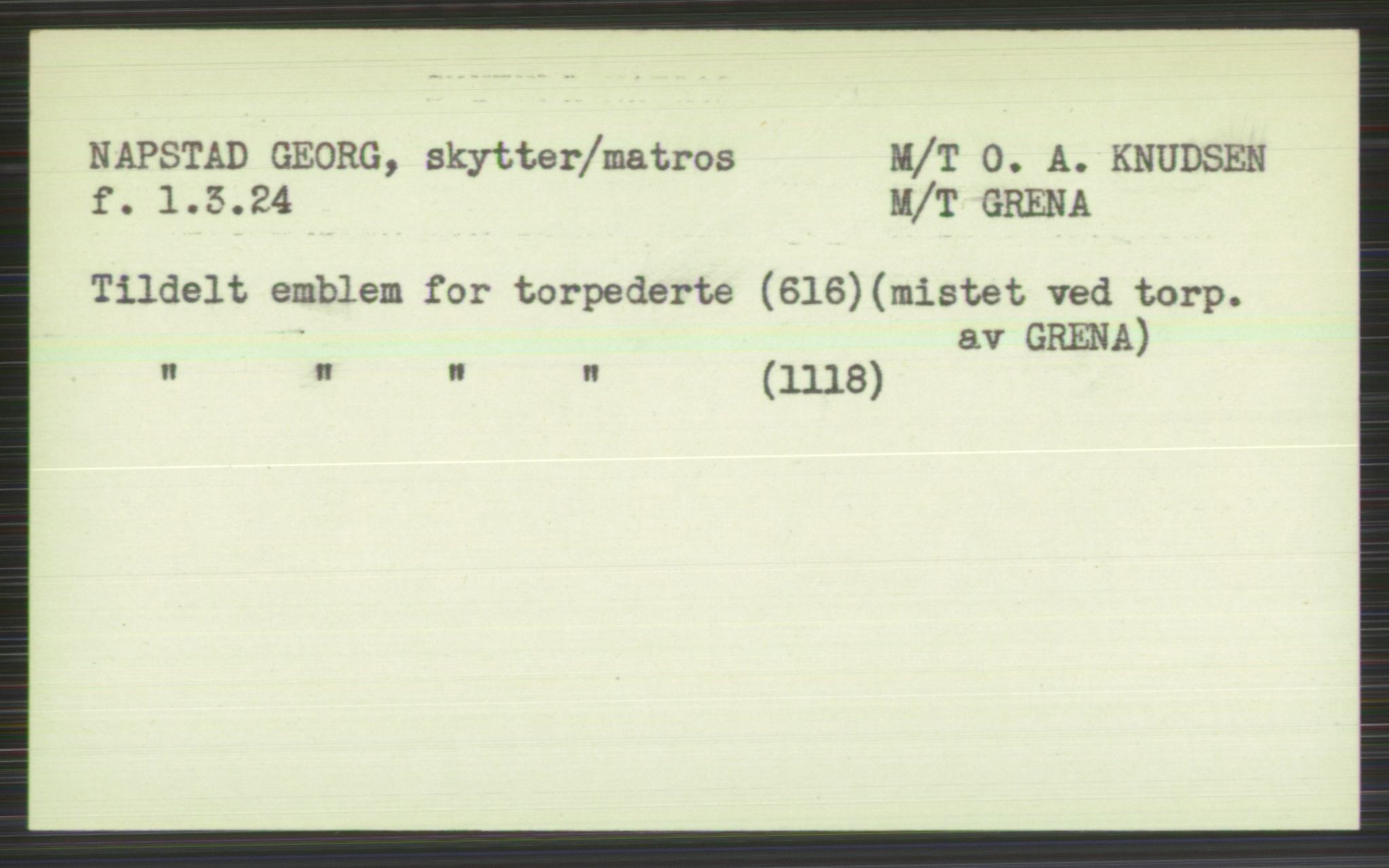 Nortraship, Krigsmedaljer og torpedonåler, RA/S-2160/F/Fa/L0002: Kort på personer ordnet alfabetisk N-Å, 1940-1945