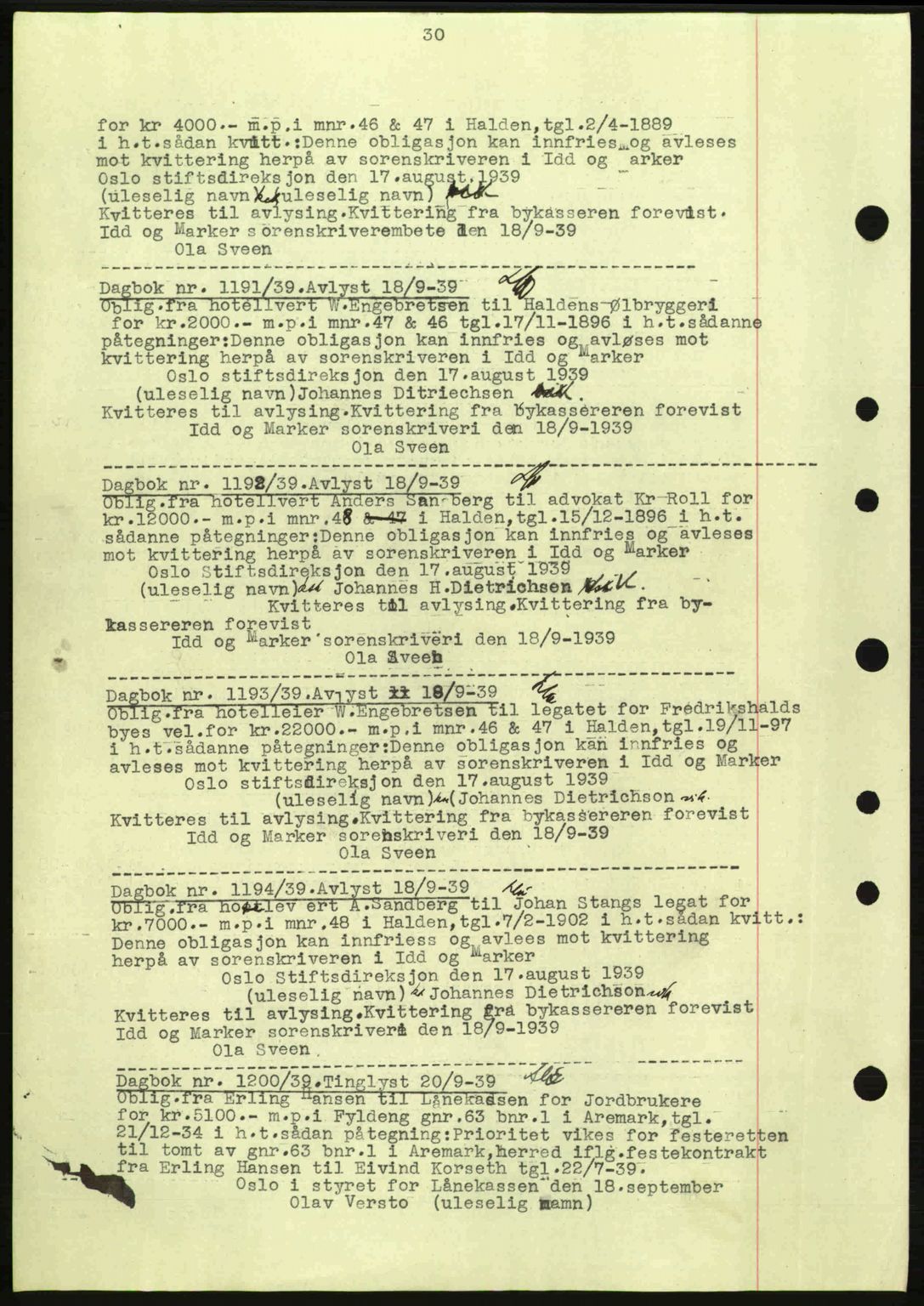 Idd og Marker sorenskriveri, AV/SAO-A-10283/G/Gb/Gbc/L0002: Mortgage book no. B4-9a, 1939-1945, Diary no: : 1191/1939