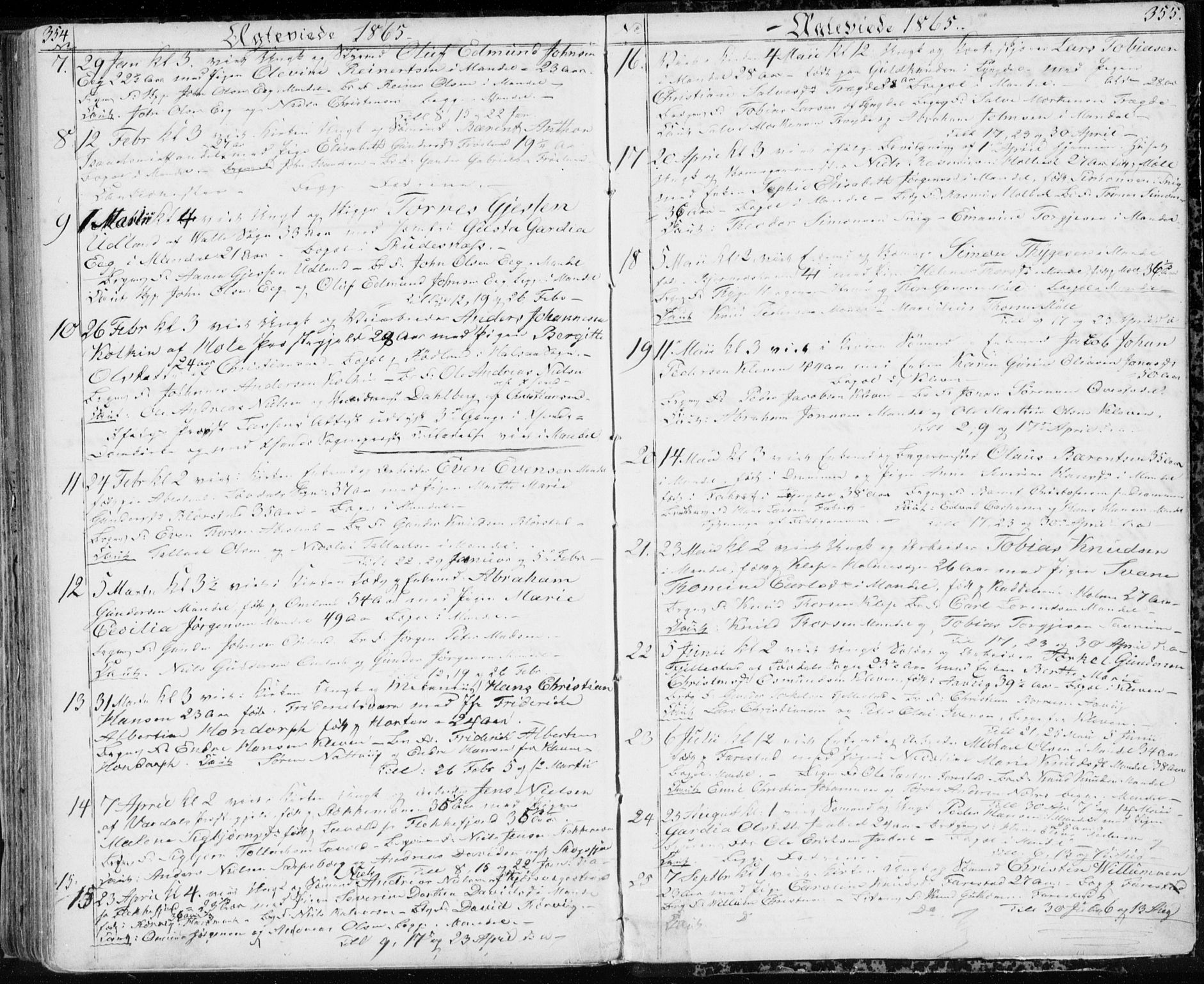 Mandal sokneprestkontor, AV/SAK-1111-0030/F/Fb/Fba/L0008: Parish register (copy) no. B 2, 1854-1868, p. 354-355