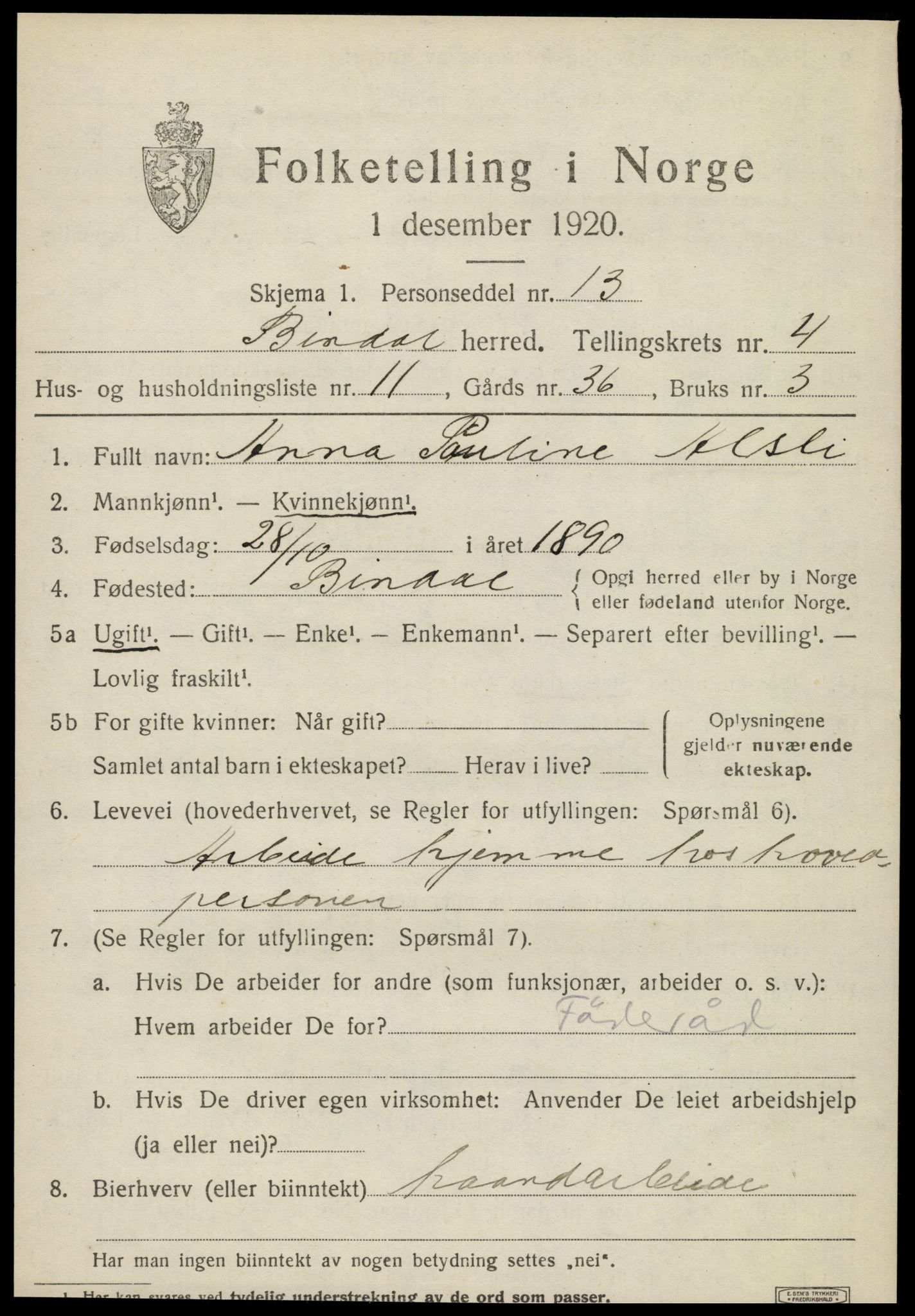 SAT, 1920 census for Bindal, 1920, p. 3483