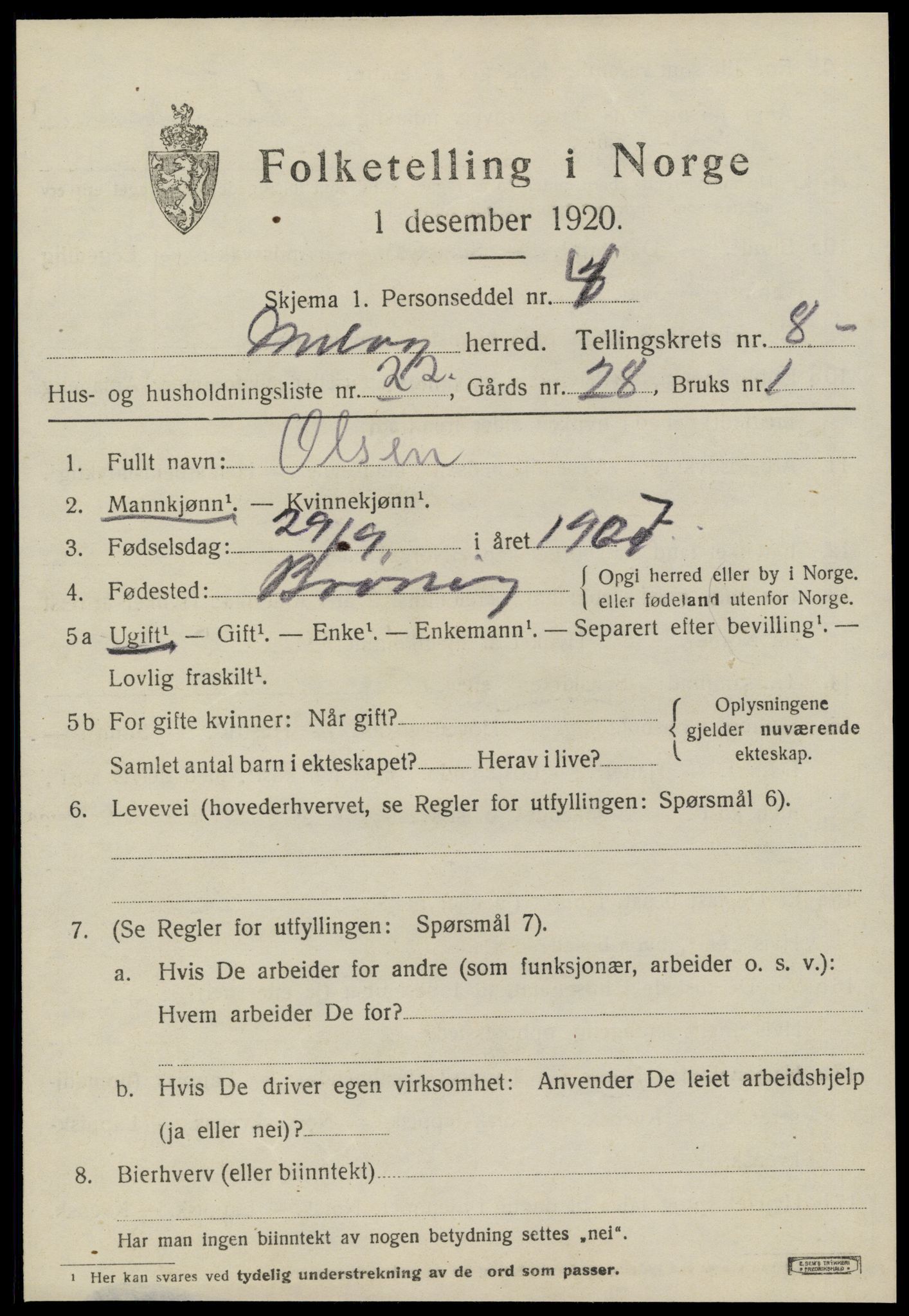 SAT, 1920 census for Meløy, 1920, p. 4399