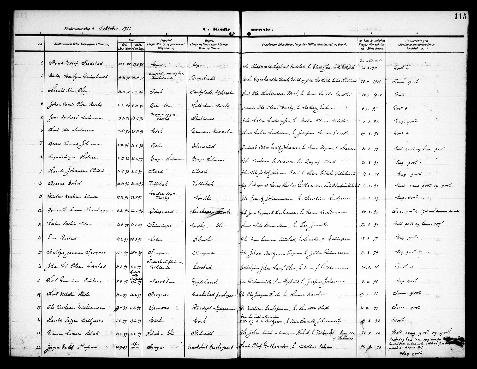Kråkstad prestekontor Kirkebøker, SAO/A-10125a/G/Ga/L0002: Parish register (copy) no. I 2, 1905-1934, p. 115