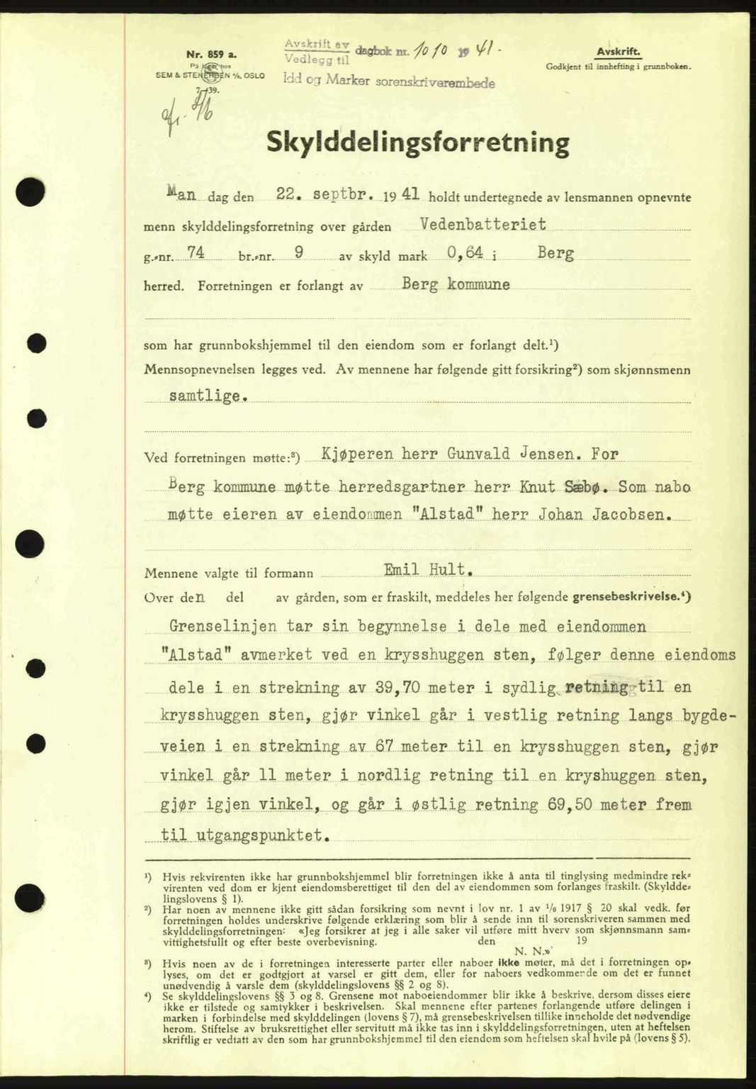 Idd og Marker sorenskriveri, AV/SAO-A-10283/G/Gb/Gbb/L0004: Mortgage book no. A4, 1940-1941, Diary no: : 1010/1941