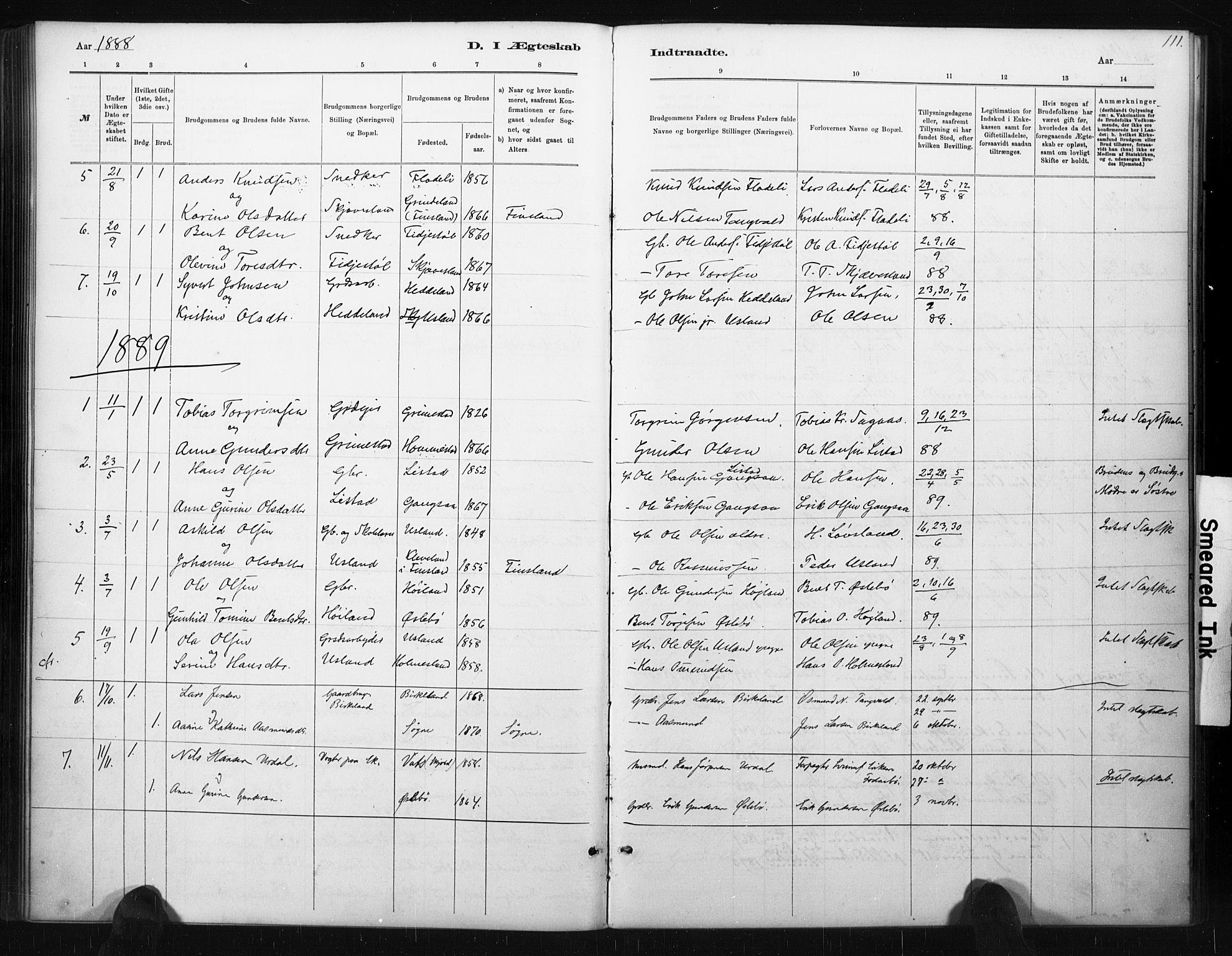 Holum sokneprestkontor, AV/SAK-1111-0022/F/Fa/Fac/L0004: Parish register (official) no. A 4, 1884-1907, p. 111