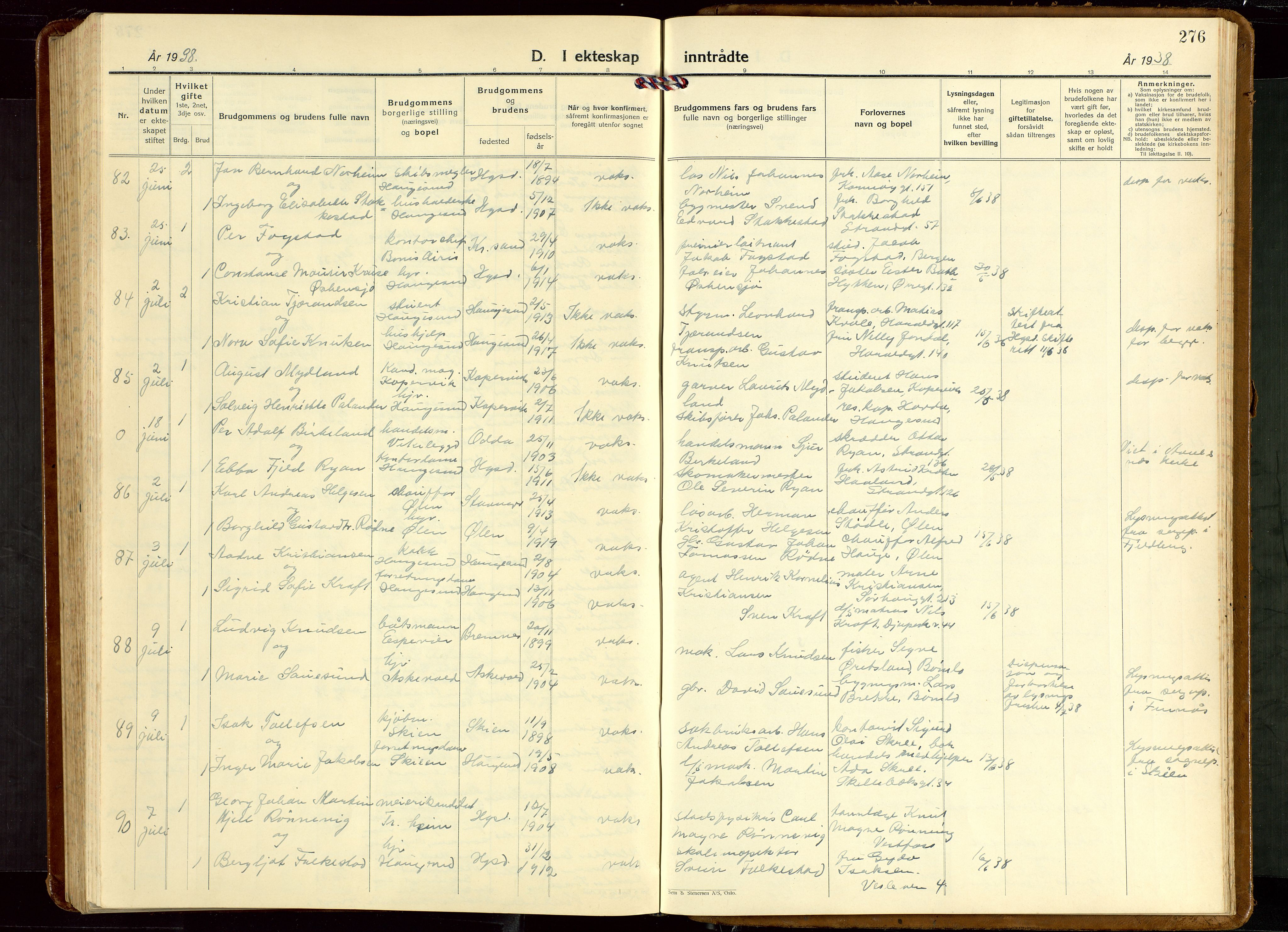 Haugesund sokneprestkontor, AV/SAST-A -101863/H/Ha/Hab/L0013: Parish register (copy) no. B 13, 1931-1943, p. 276