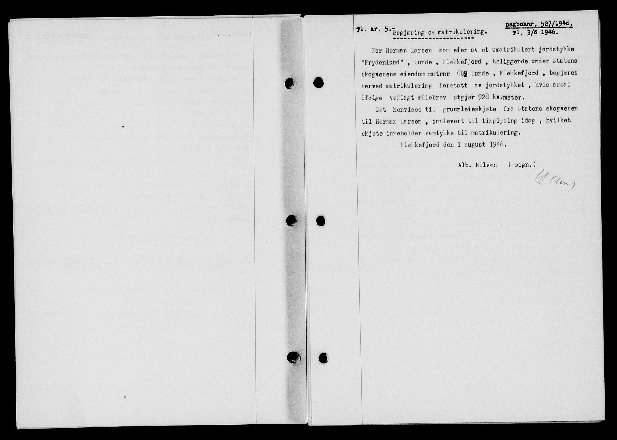 Flekkefjord sorenskriveri, SAK/1221-0001/G/Gb/Gba/L0060: Mortgage book no. A-8, 1945-1946, Diary no: : 527/1946