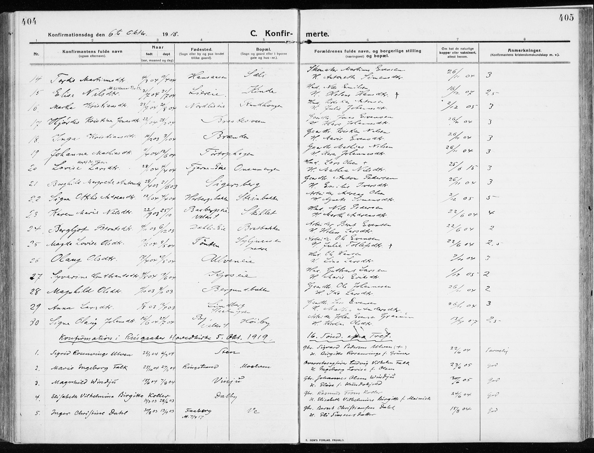 Ringsaker prestekontor, AV/SAH-PREST-014/K/Ka/L0020: Parish register (official) no. 20, 1913-1922, p. 404-405