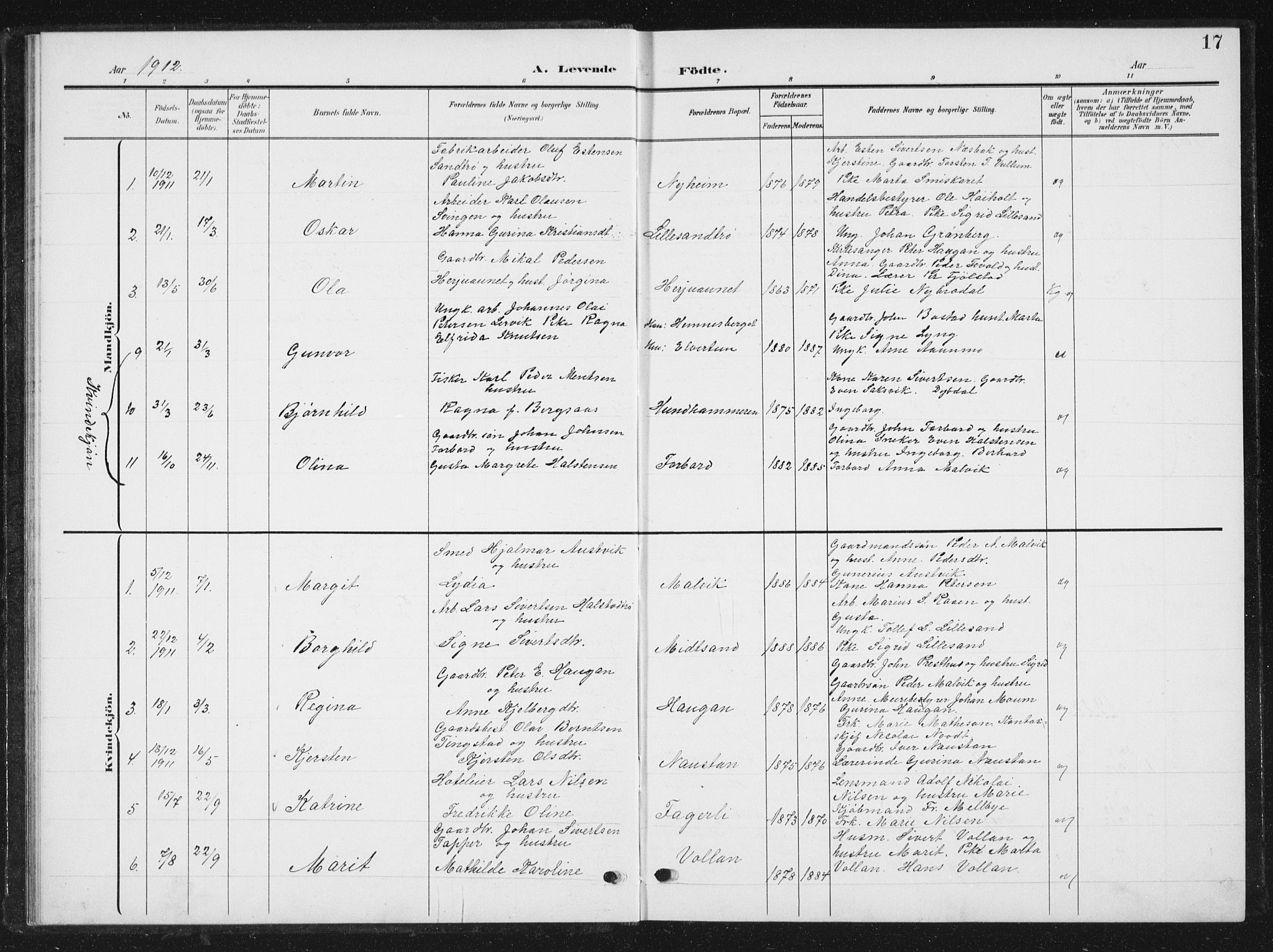 Ministerialprotokoller, klokkerbøker og fødselsregistre - Sør-Trøndelag, SAT/A-1456/616/L0424: Parish register (copy) no. 616C07, 1904-1940, p. 17