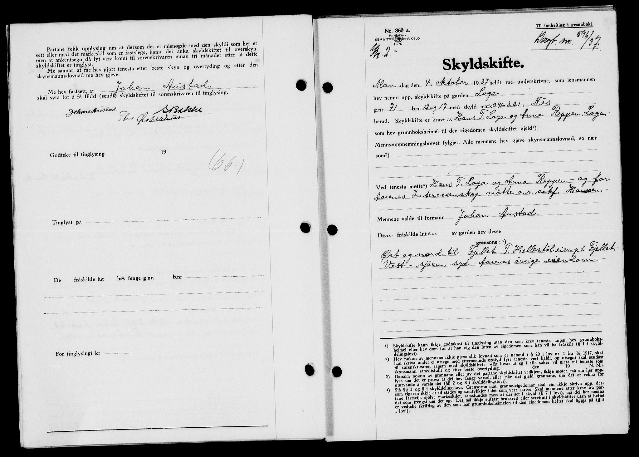 Flekkefjord sorenskriveri, SAK/1221-0001/G/Gb/Gba/L0054: Mortgage book no. A-2, 1937-1938, Diary no: : 596/1937