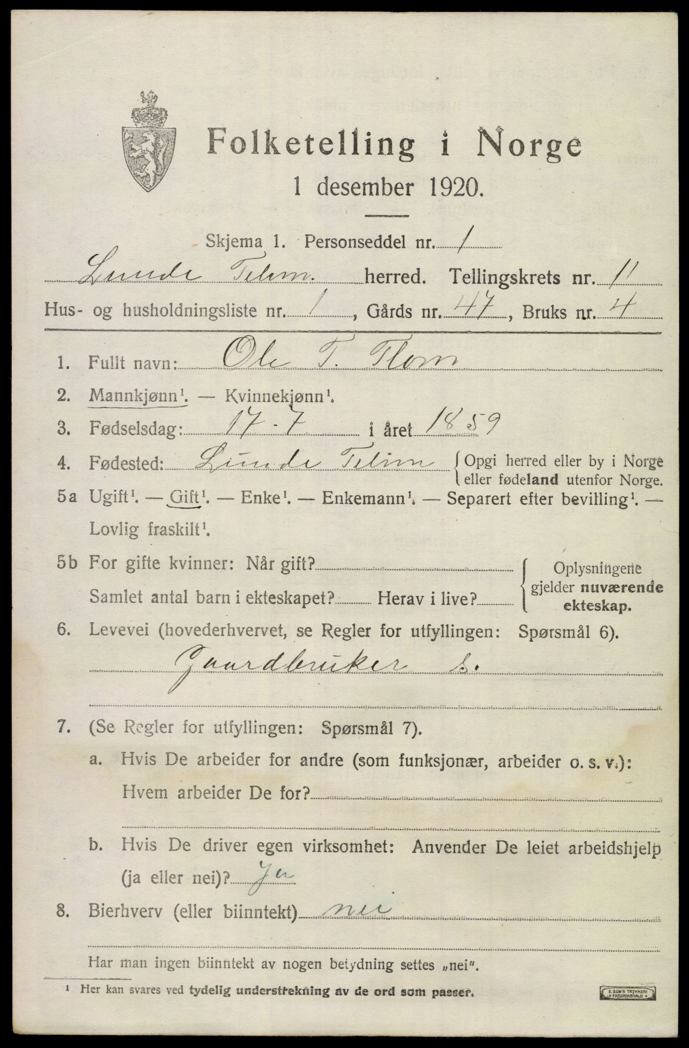 SAKO, 1920 census for Lunde, 1920, p. 6035