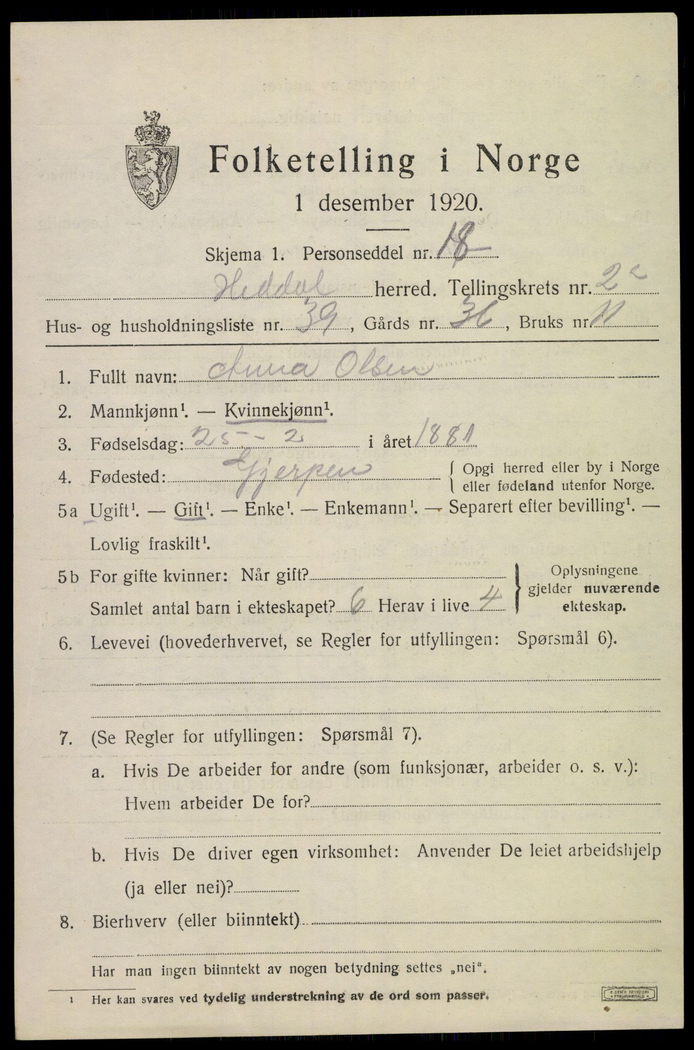 SAKO, 1920 census for Heddal, 1920, p. 2382