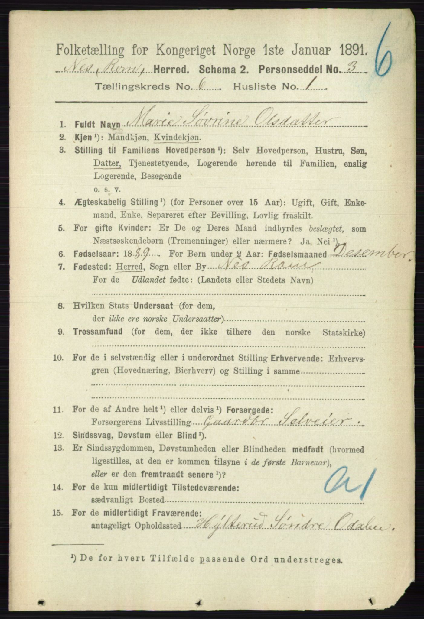 RA, 1891 census for 0236 Nes, 1891, p. 3396