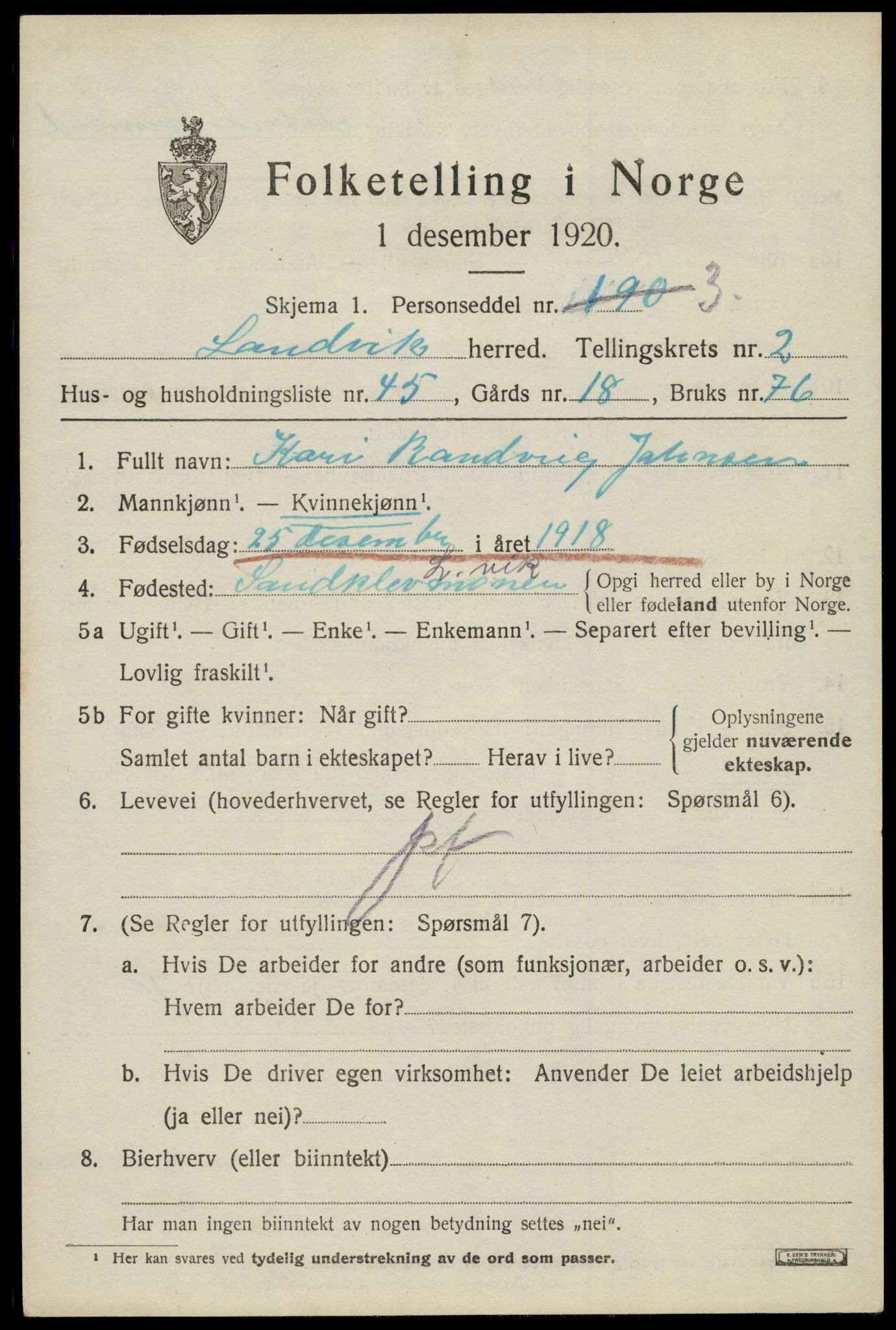 SAK, 1920 census for Landvik, 1920, p. 2146