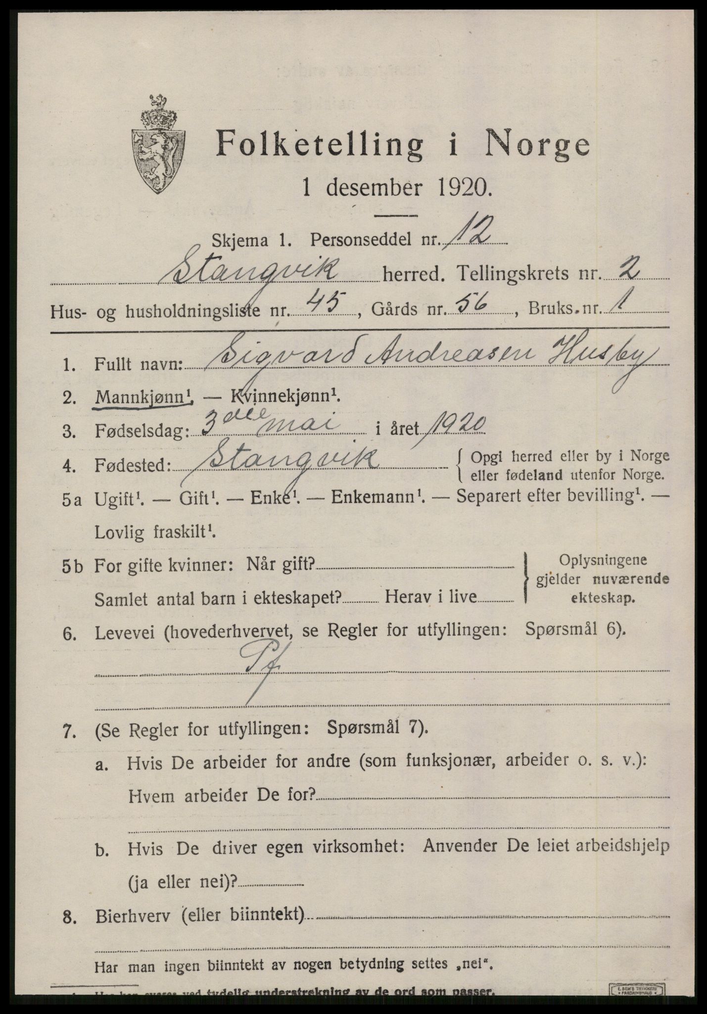 SAT, 1920 census for Stangvik, 1920, p. 1994