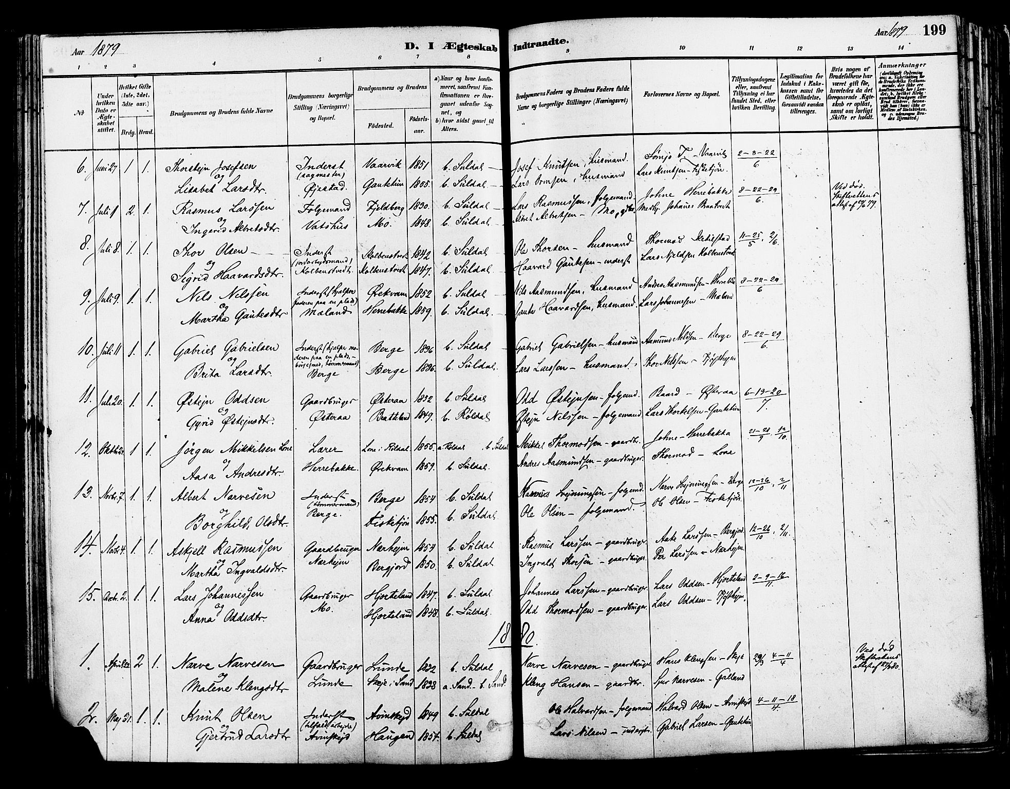 Suldal sokneprestkontor, AV/SAST-A-101845/01/IV/L0011: Parish register (official) no. A 11, 1878-1900, p. 199