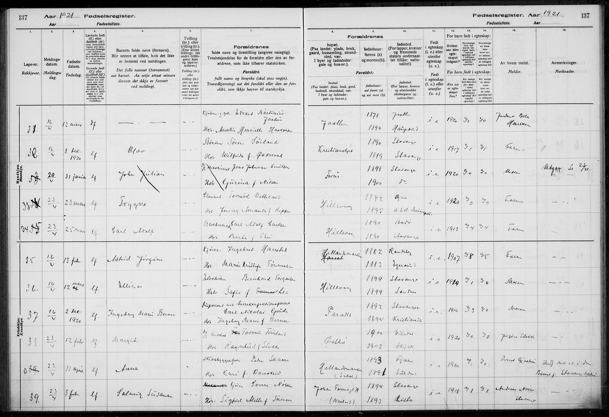 Hetland sokneprestkontor, AV/SAST-A-101826/70/704BA/L0003: Birth register no. 1, 1916-1923, p. 137