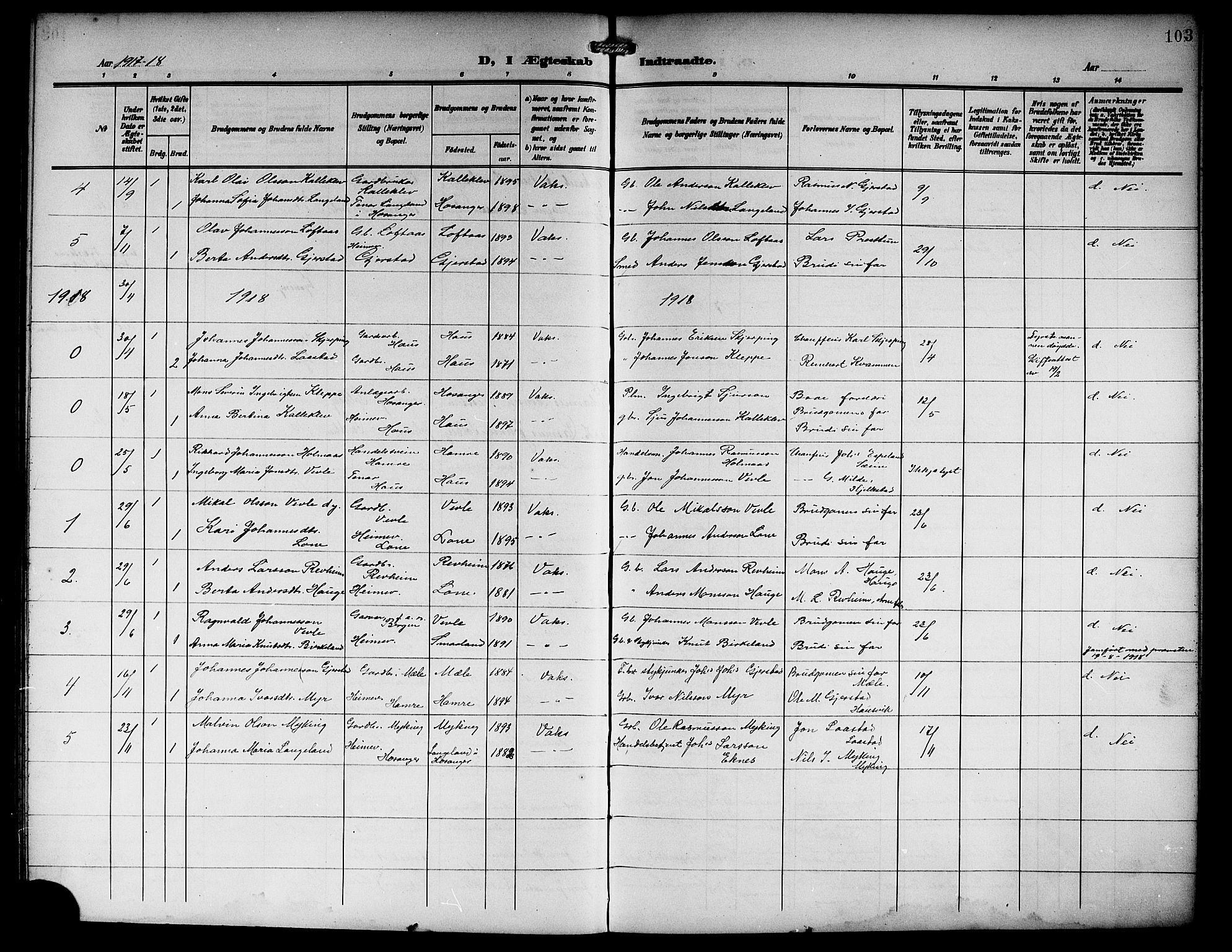 Haus sokneprestembete, SAB/A-75601/H/Hab: Parish register (copy) no. C 4, 1907-1922, p. 103