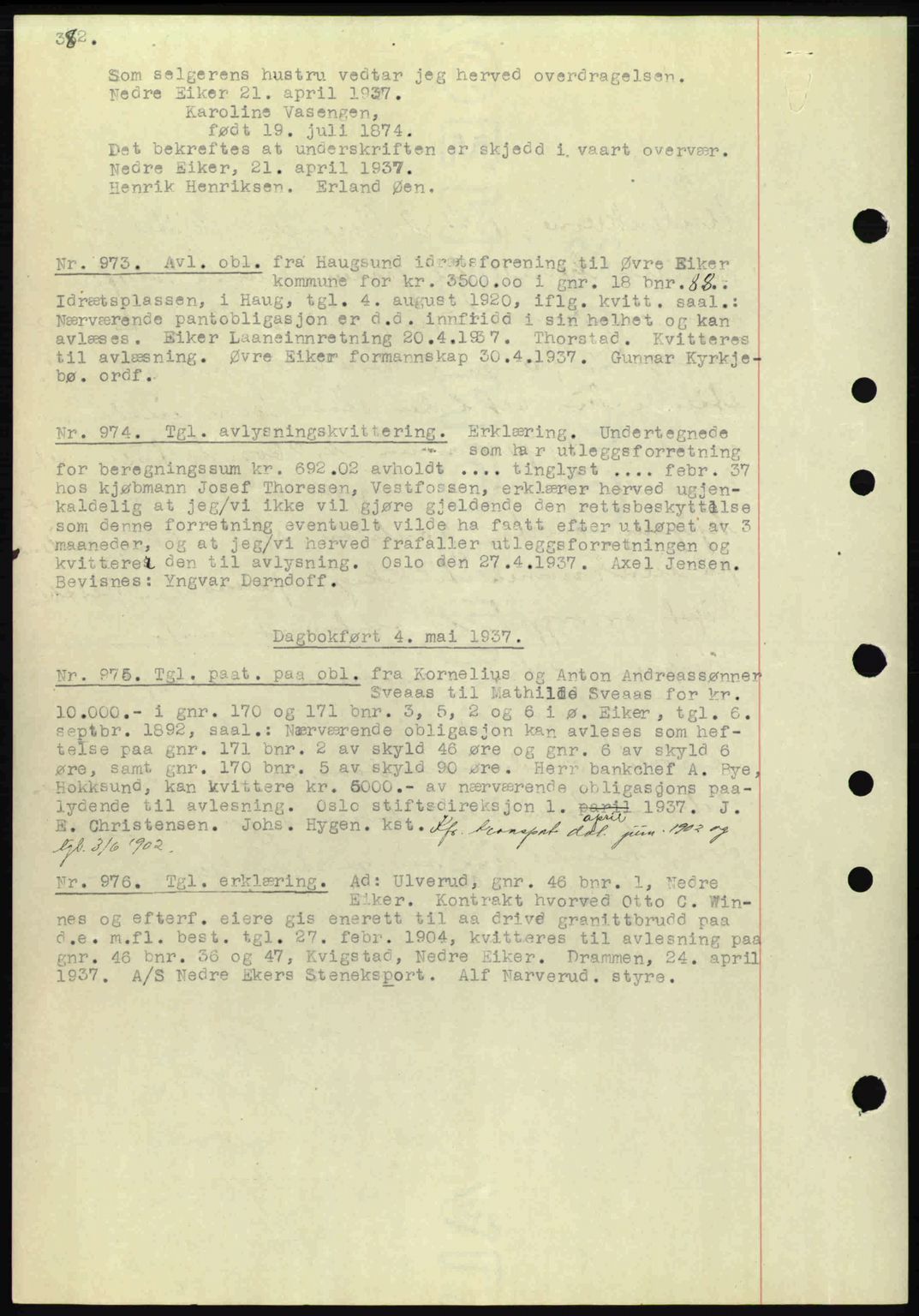 Eiker, Modum og Sigdal sorenskriveri, SAKO/A-123/G/Ga/Gab/L0035: Mortgage book no. A5, 1937-1937, Diary no: : 973/1937