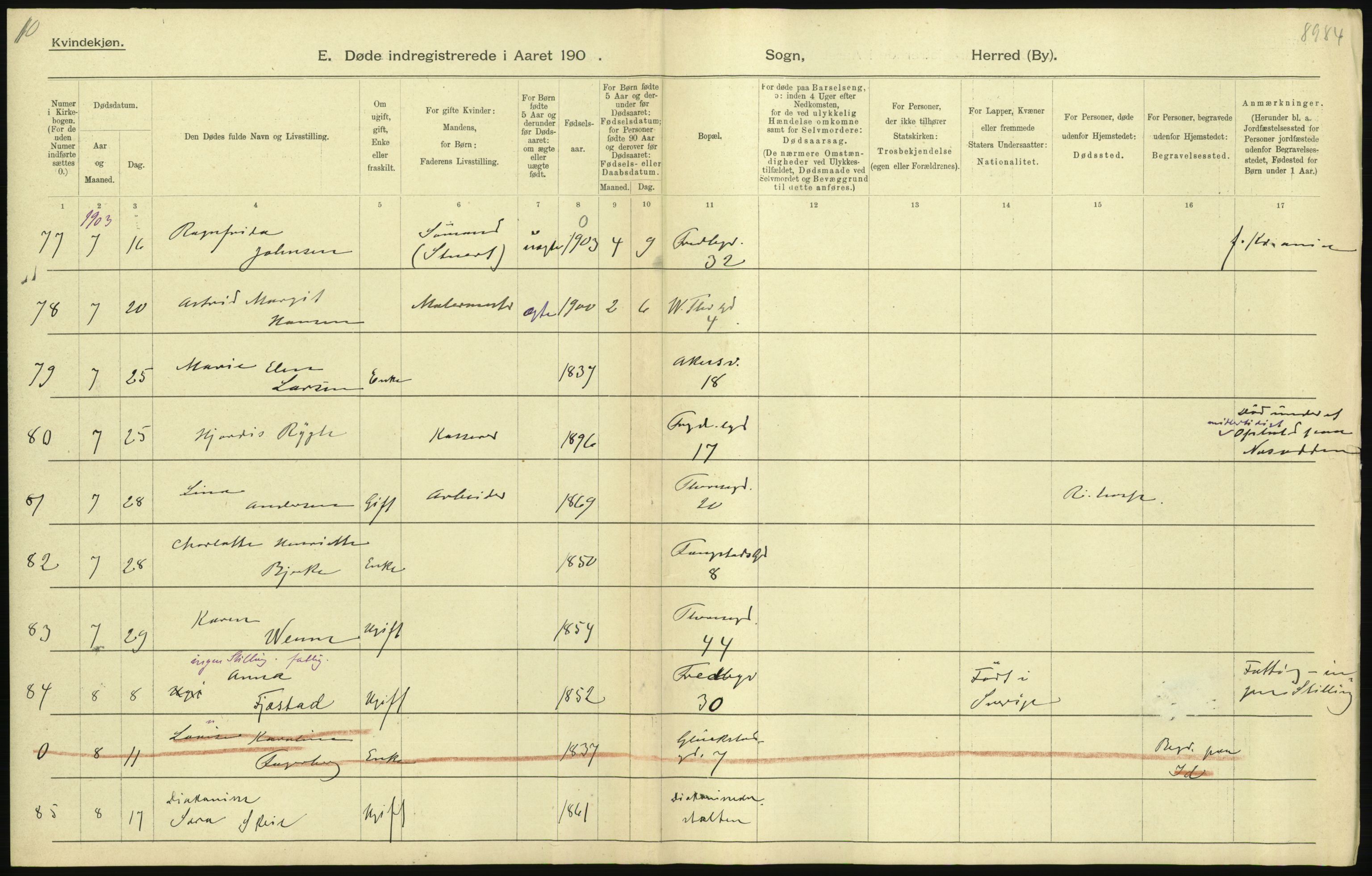 Statistisk sentralbyrå, Sosiodemografiske emner, Befolkning, AV/RA-S-2228/D/Df/Dfa/Dfaa/L0004: Kristiania: Gifte, døde, 1903, p. 47