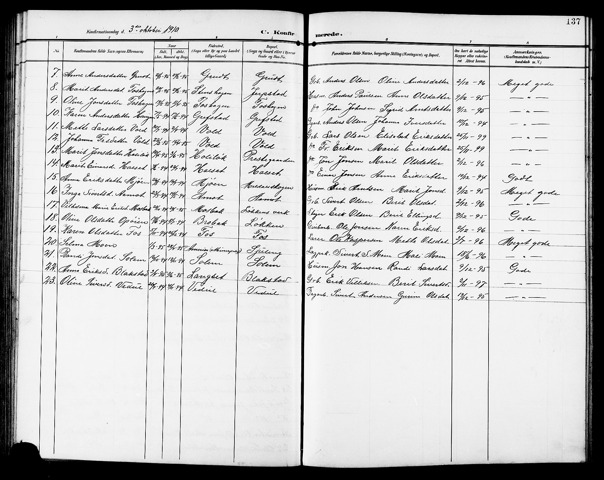 Ministerialprotokoller, klokkerbøker og fødselsregistre - Sør-Trøndelag, SAT/A-1456/672/L0864: Parish register (copy) no. 672C03, 1902-1914, p. 137