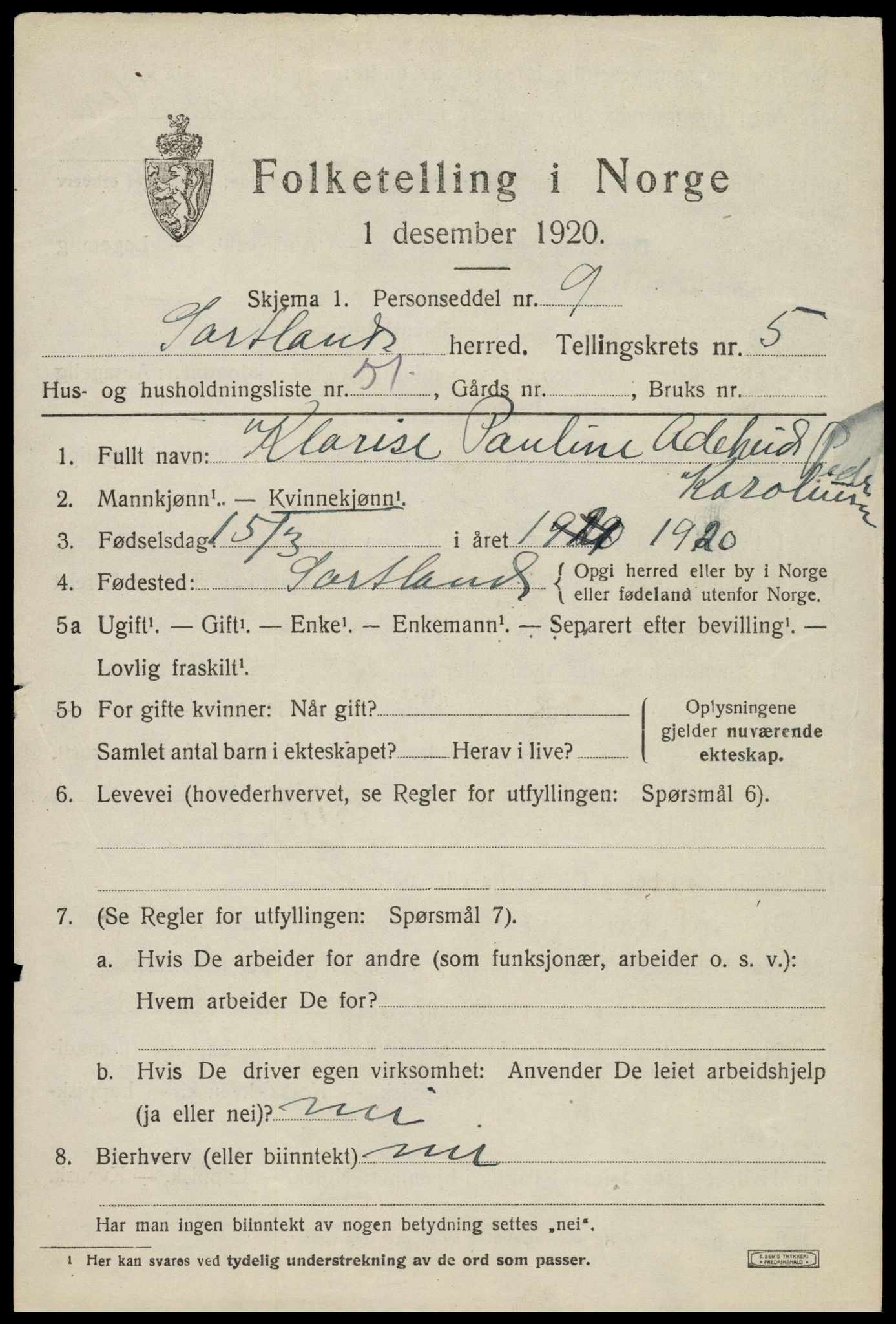 SAT, 1920 census for Sortland, 1920, p. 6214