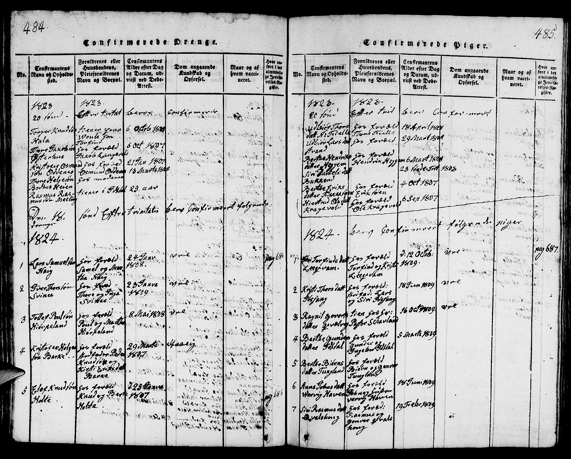 Strand sokneprestkontor, AV/SAST-A-101828/H/Ha/Hab/L0001: Parish register (copy) no. B 1, 1816-1854, p. 484-485