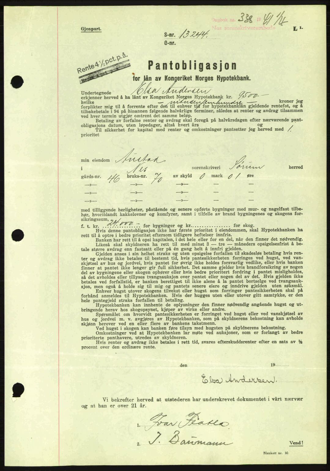 Nes tingrett, AV/SAO-A-10548/G/Gb/Gbb/L0011: Mortgage book no. 55, 1940-1941, Diary no: : 338/1941