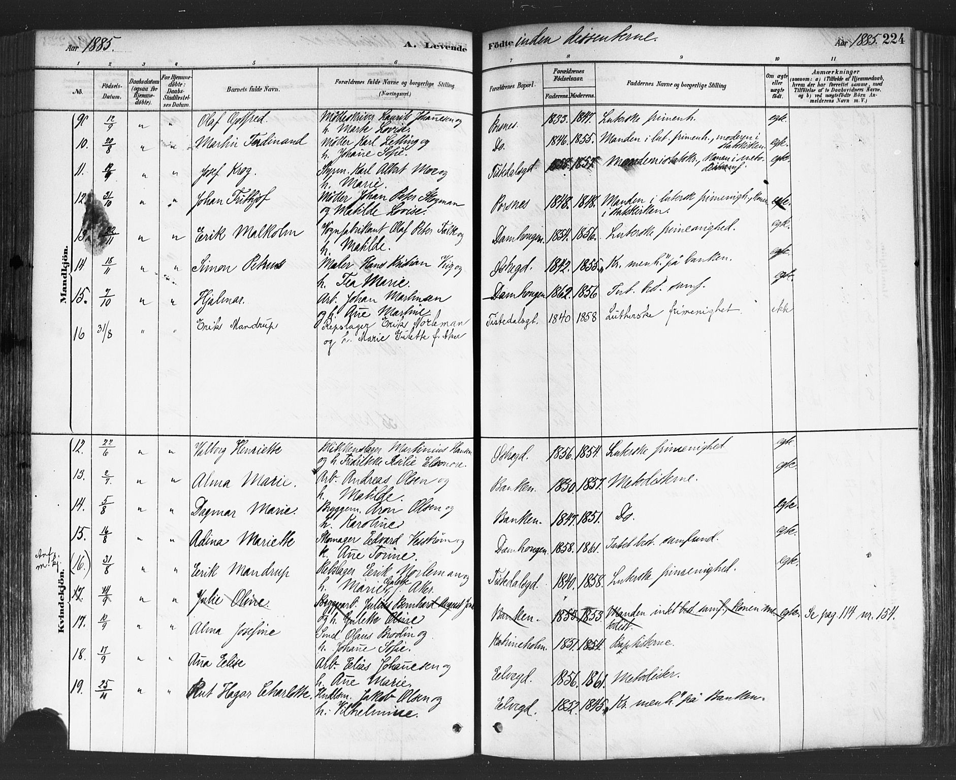 Halden prestekontor Kirkebøker, SAO/A-10909/F/Fa/L0011: Parish register (official) no. I 11, 1878-1889, p. 224