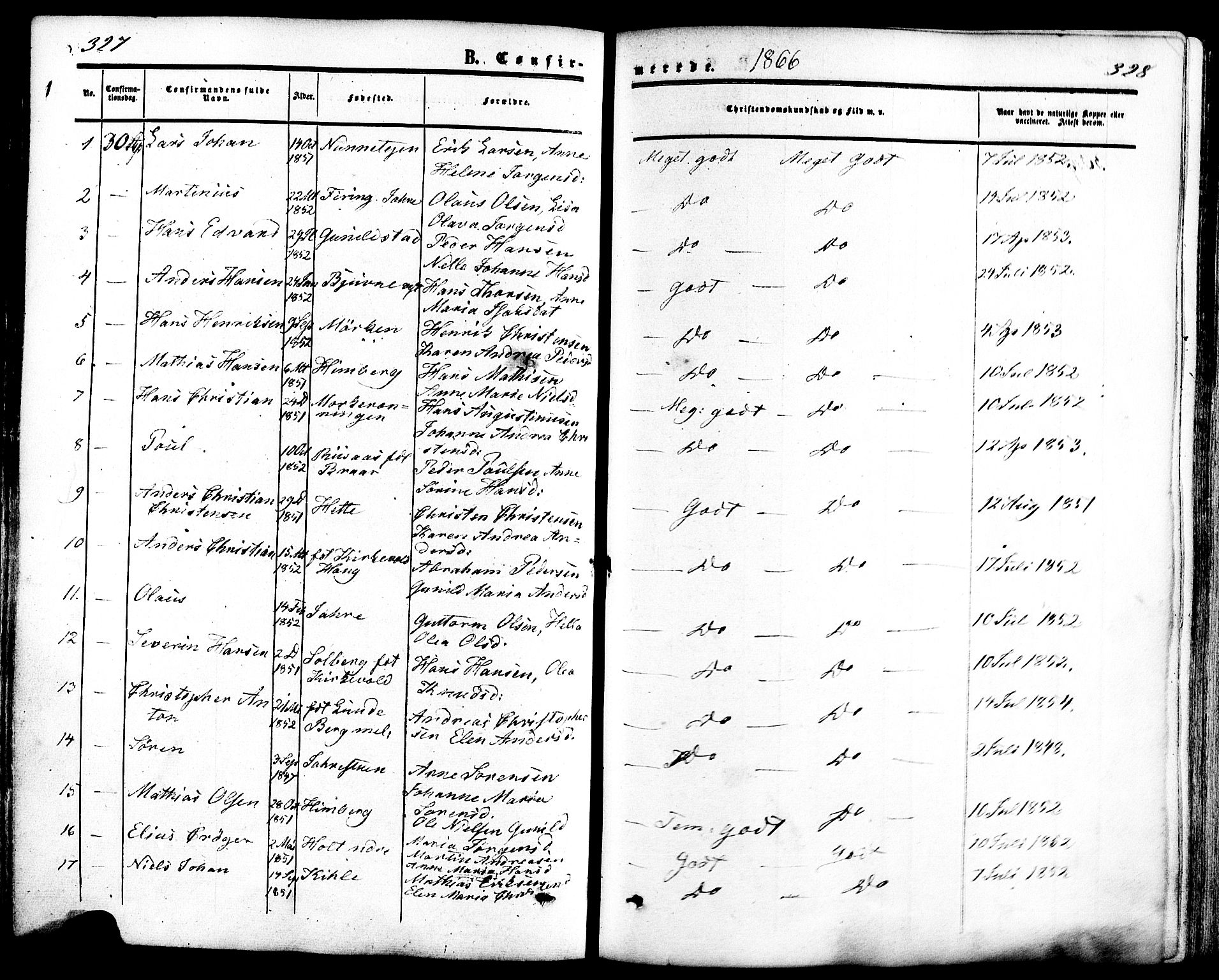 Ramnes kirkebøker, AV/SAKO-A-314/F/Fa/L0006: Parish register (official) no. I 6, 1862-1877, p. 327-328