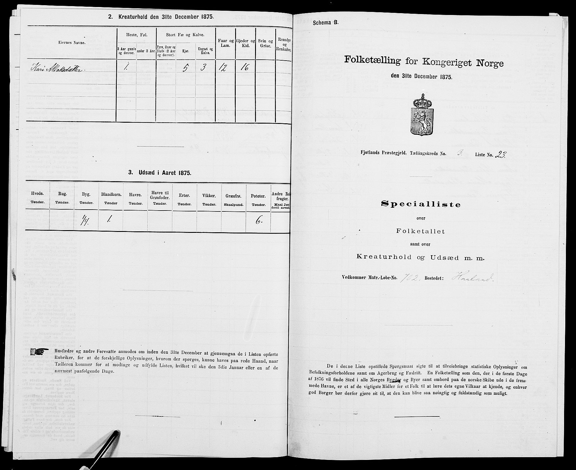 SAK, 1875 census for 1036P Fjotland, 1875, p. 205