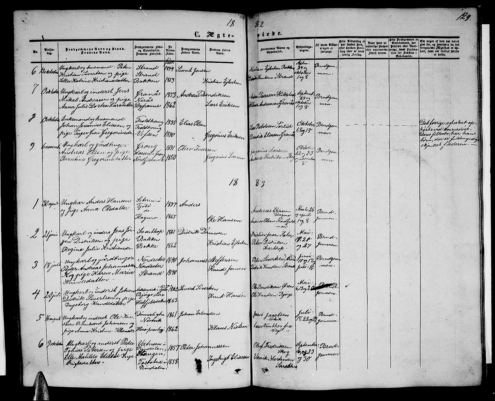 Ministerialprotokoller, klokkerbøker og fødselsregistre - Nordland, AV/SAT-A-1459/814/L0229: Parish register (copy) no. 814C02, 1859-1883, p. 129