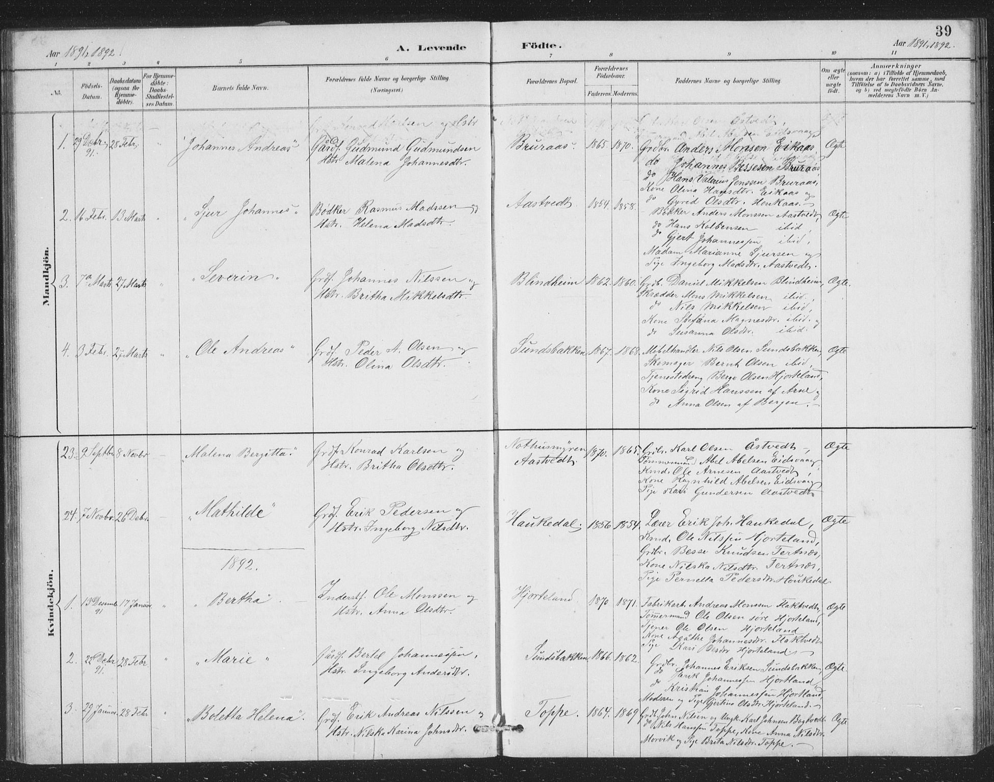 Åsane sokneprestembete, SAB/A-79401/H/Hab: Parish register (copy) no. A 2, 1885-1898, p. 39