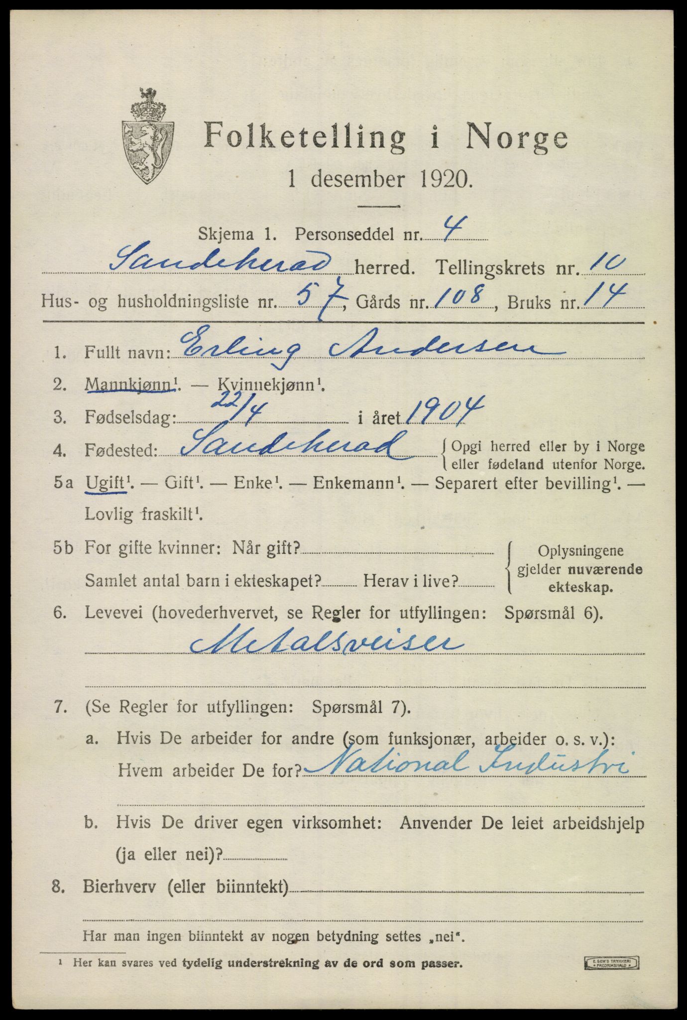 SAKO, 1920 census for Sandeherred, 1920, p. 15250