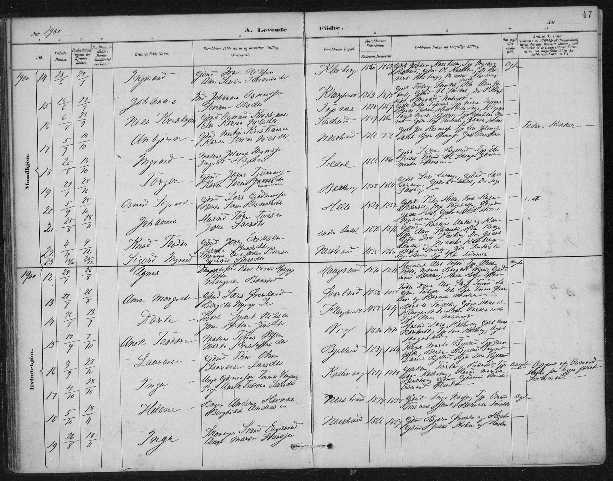 Nedstrand sokneprestkontor, SAST/A-101841/01/IV: Parish register (official) no. A 12, 1887-1915, p. 47
