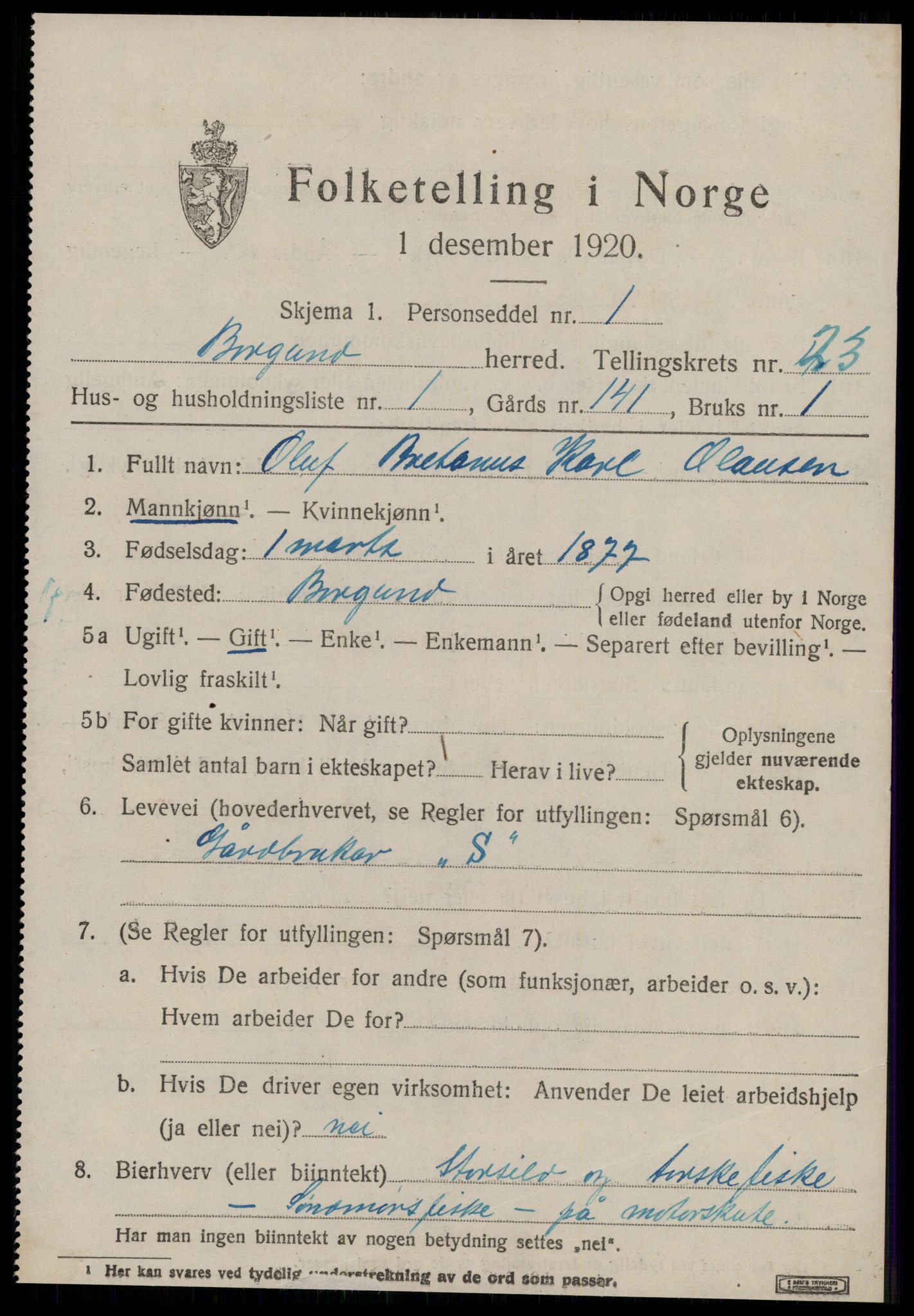 SAT, 1920 census for Borgund, 1920, p. 16334