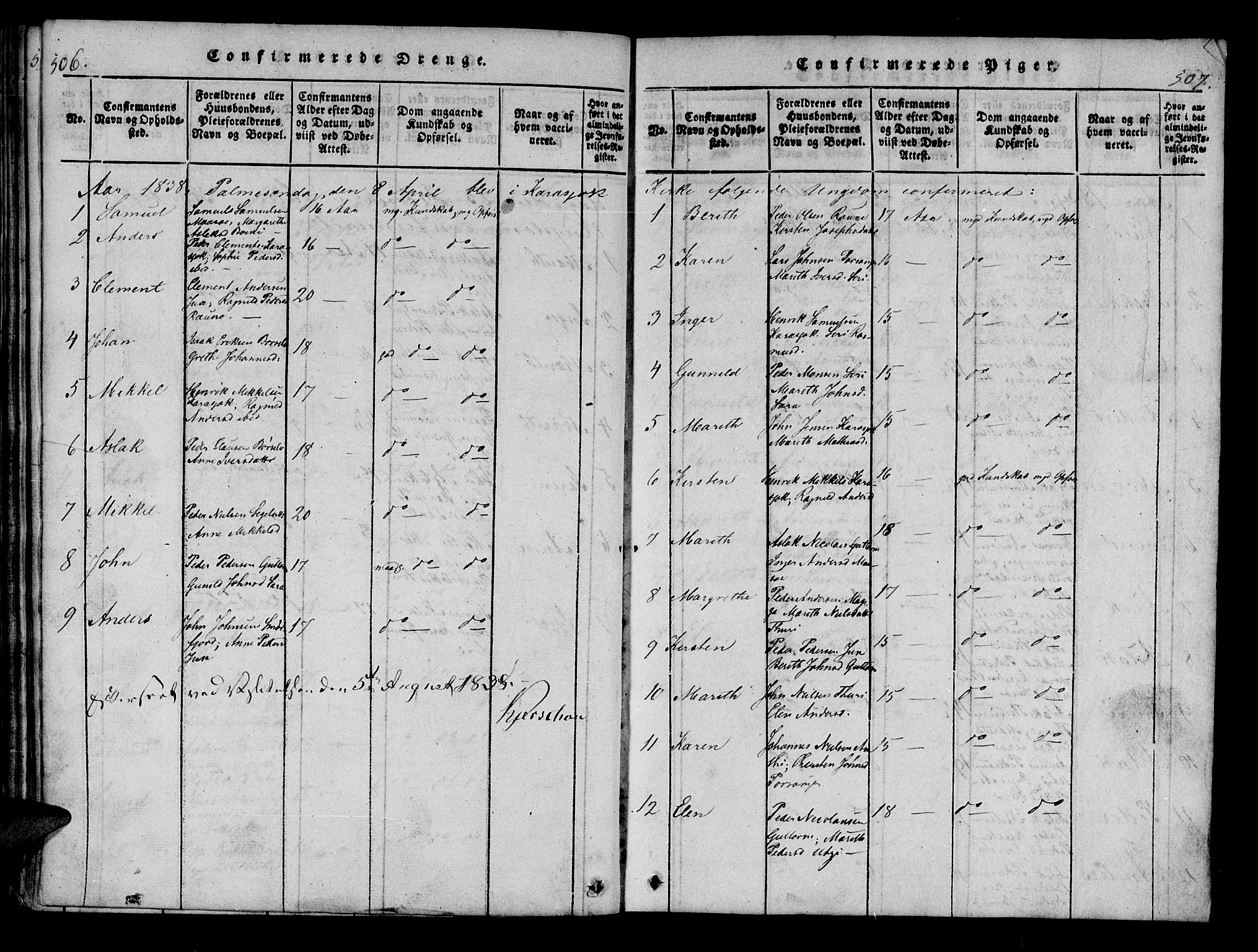 Kistrand/Porsanger sokneprestembete, AV/SATØ-S-1351/H/Ha/L0010.kirke: Parish register (official) no. 10, 1821-1842, p. 506-507