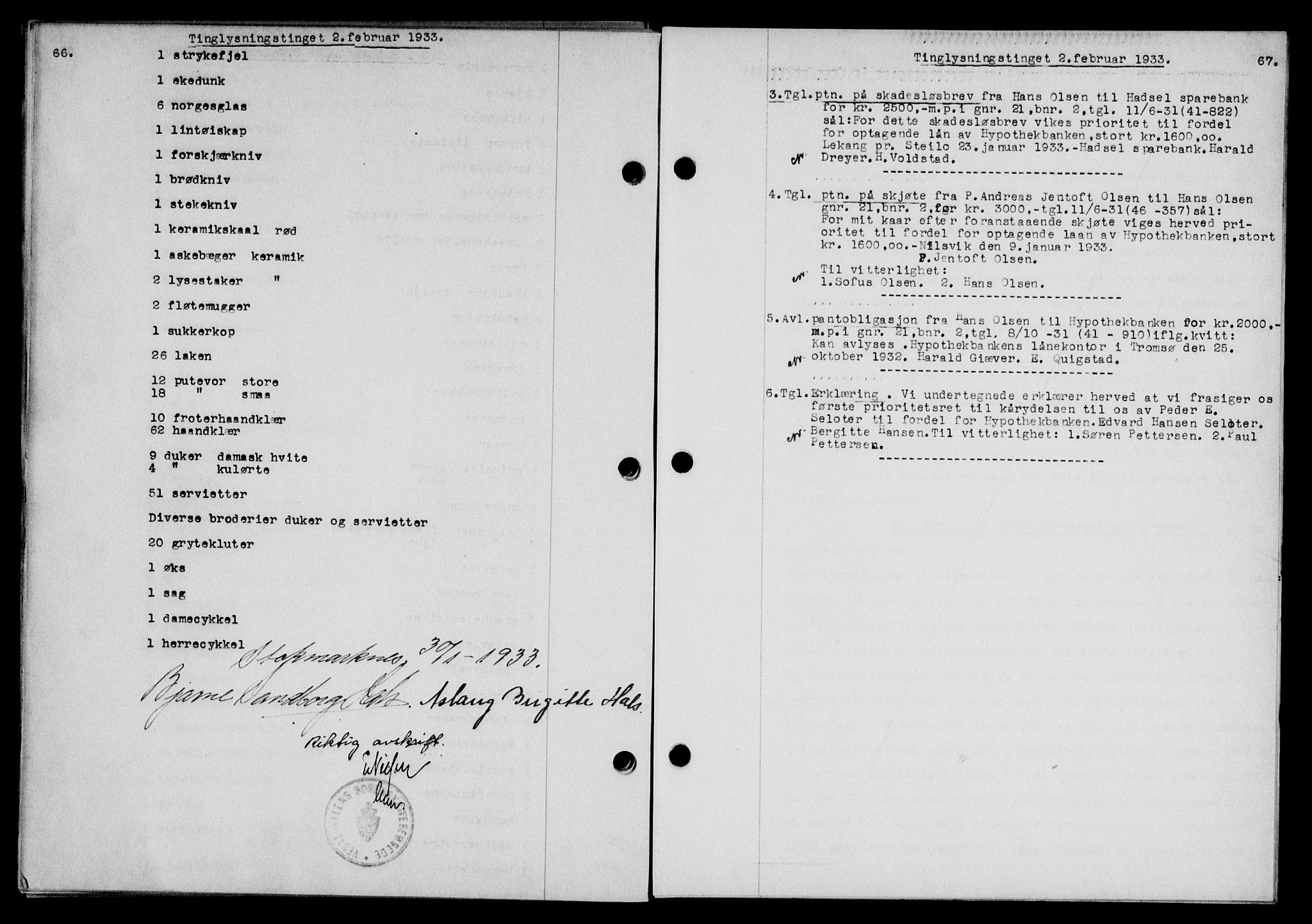 Vesterålen sorenskriveri, SAT/A-4180/1/2/2Ca/L0057: Mortgage book no. 50, 1933-1933, Deed date: 02.02.1933