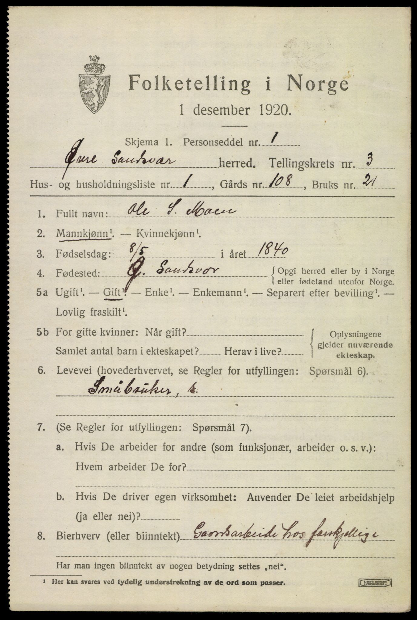 SAKO, 1920 census for Øvre Sandsvær, 1920, p. 1960